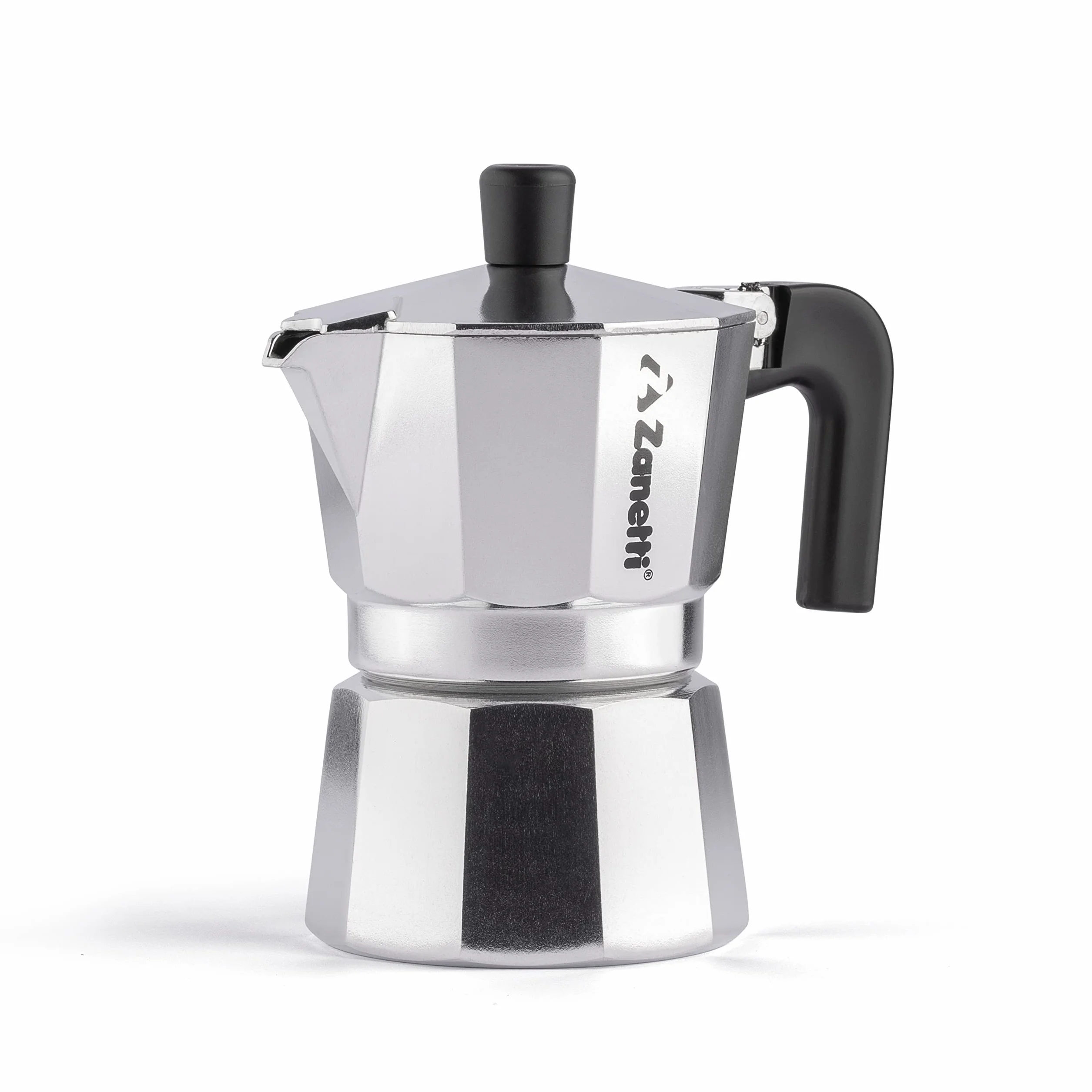 Zanetti, Mama Aluminiowy dzbanek do kawy Mocha, ekspres do kawy, 2 filiżanki, ekspres do kawy z systemem zapobiegającym kapaniu, uszczelnienie silikonowe, ergonomiczny uchwyt