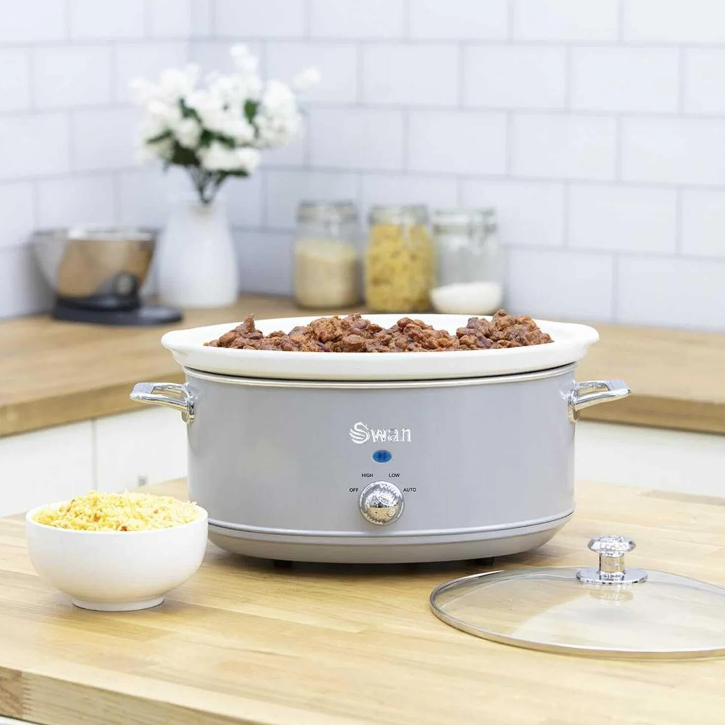 Swan Retro SF17031GRN wolnowar 6,5 l Wymienny pojemnik, nieprzywierająca ceramika wolna od PFOA i PTFE, 3 poziomy temperatury, szklana pokrywa, powolny kucharz, vintage design, szary, 320 W