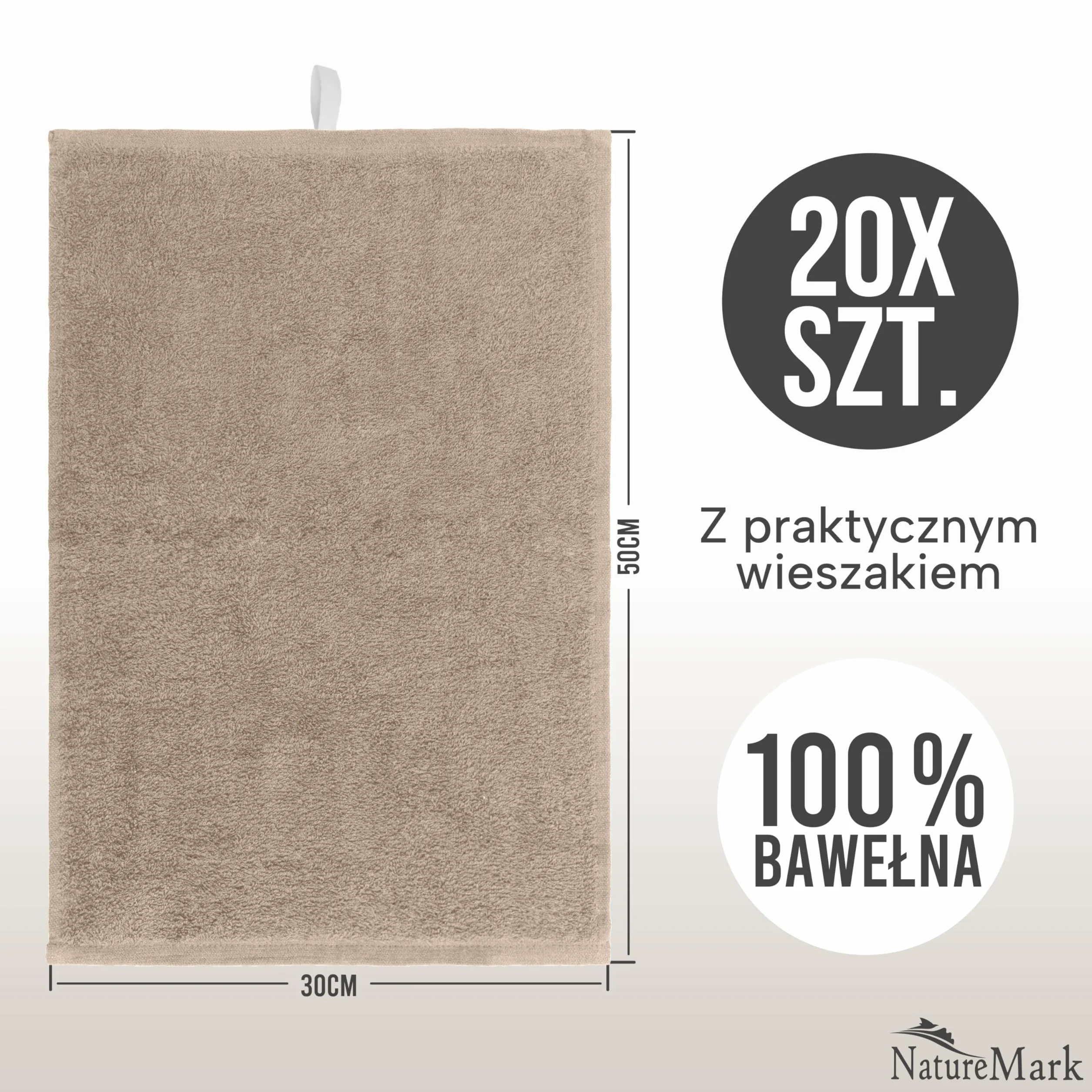NatureMark Ręczniki Gościnne – Zestaw 20 szt. (30x50 cm), 100% bawełna, certyfikat OEKO-TEX, miękkie, chłonne i łatwe w pielęgnacji – Do łazienki, gości i spa – Piaskowo/Beżowe