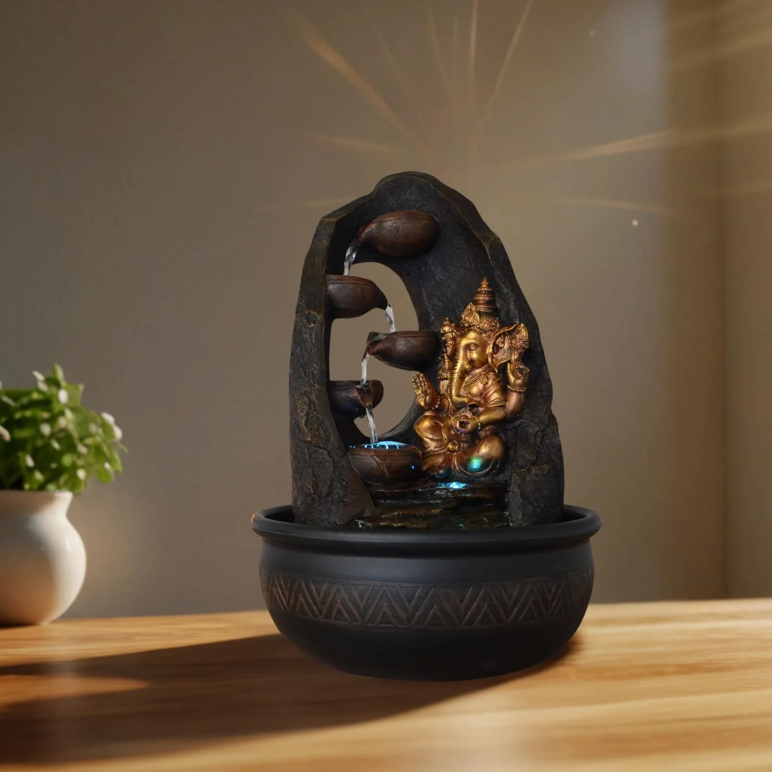 Budda Ganesh fontanna wewnętrzna z kolorowym światłem LED - dekoracja Feng Shui Zen - wspornik łóżka - wys. 40 cm - Mystic Zen'light