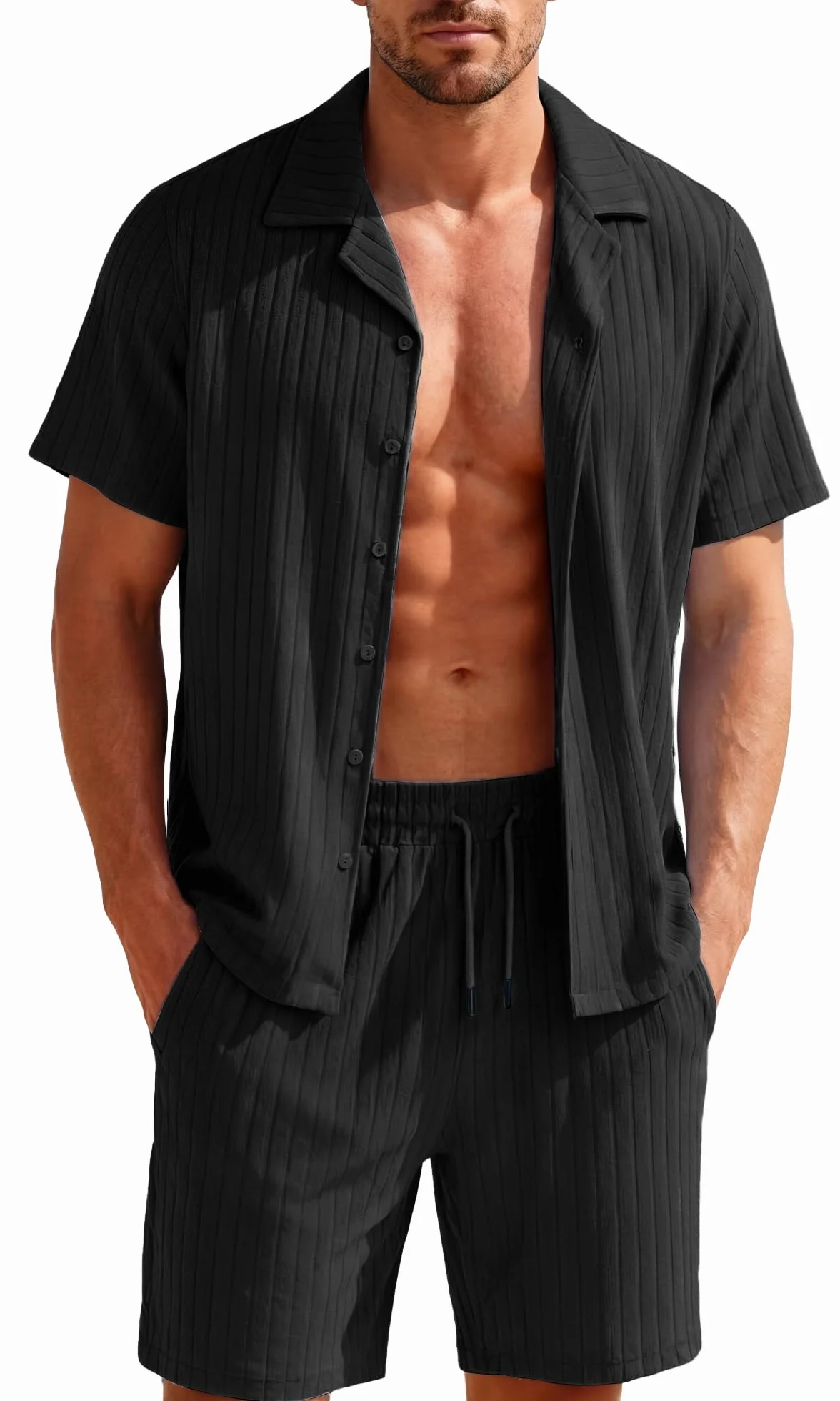 FEOYA Męski dres treningowy, 2-częściowy zestaw letni, z krótkim rękawem, listwa guzikowa, koszula i szorty, luźny strój w paski, na urlop, na plażę i do wypoczynku, strój do biegania
