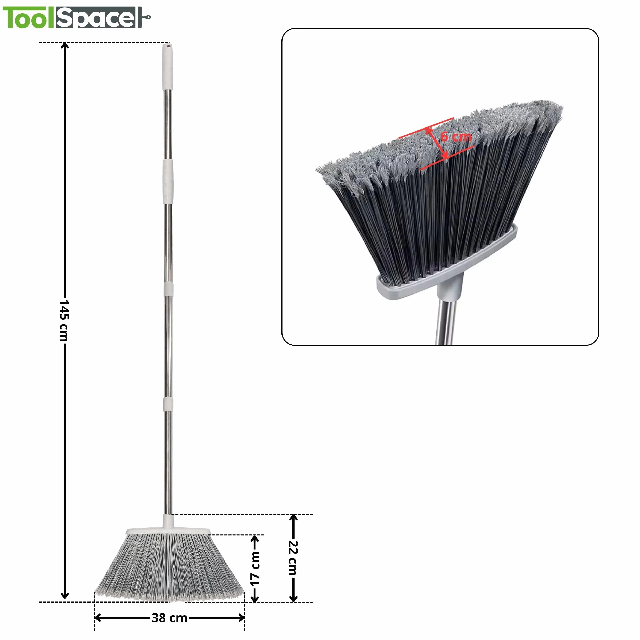 ToolSpace Szczotka Zmiotka Miotła z Długim Kijem Szara Stalowy Kij