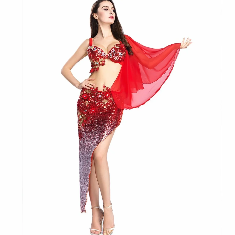 ROYAL SMEELA Seksowne kostiumy Bellydance dla tancerza brzucha biustonosz szal spódnica gradientowa cekinowa sukienka do tańca brzucha strój syrenki strój do tańca brzucha strój karnawałowy kostium kobiety orientalne kostiumy do tańca brzucha zestaw, Red,