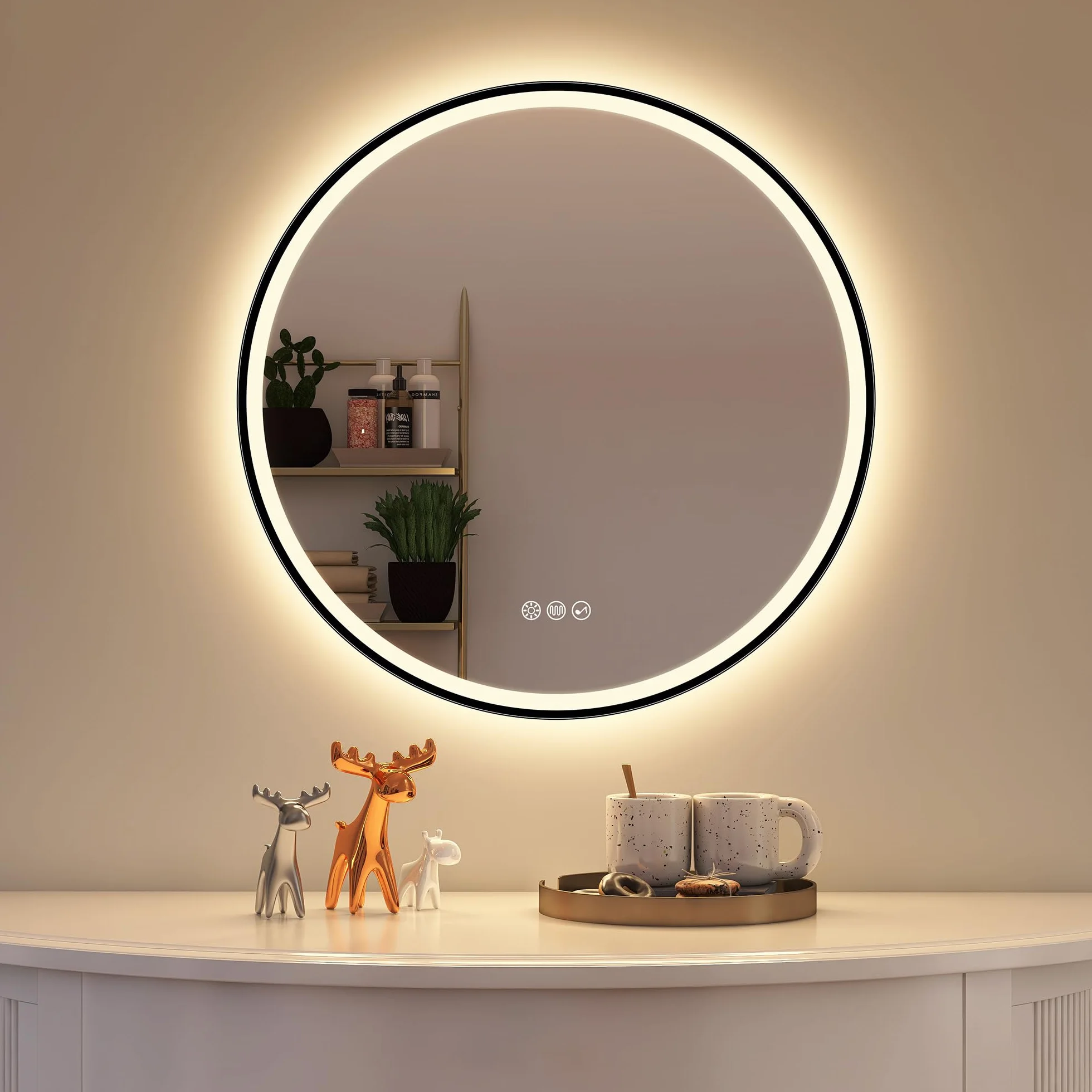 STARLEAD Lustro LED 60 cm Czarne Okrągłe z Bluetooth IP44 Szkło Hartowane