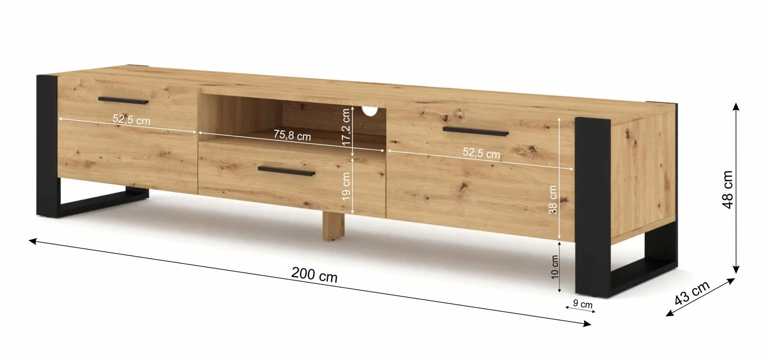 Szafka rtv 200 cm dąb artisan stojąca pod telewizor, do salonu i sypialni nowoczesna szafka telewizyjna, trwała płyta laminowana, wytrzymały stolik rtv, Nuka
