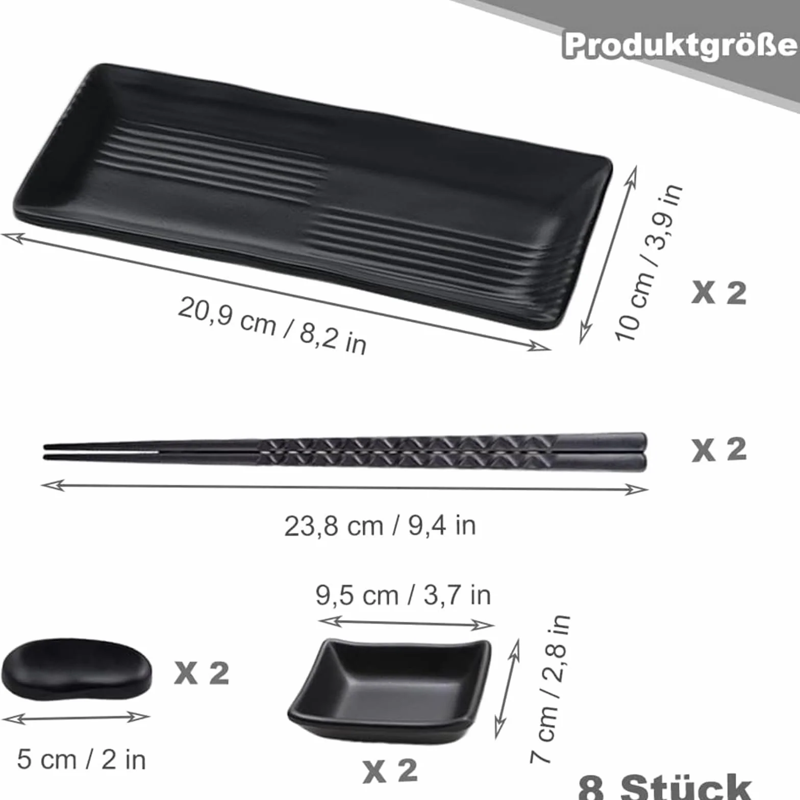 Łupek talerz do sushi 8-częściowy z miseczkami do dipów 21x10 cm dla 2 osób