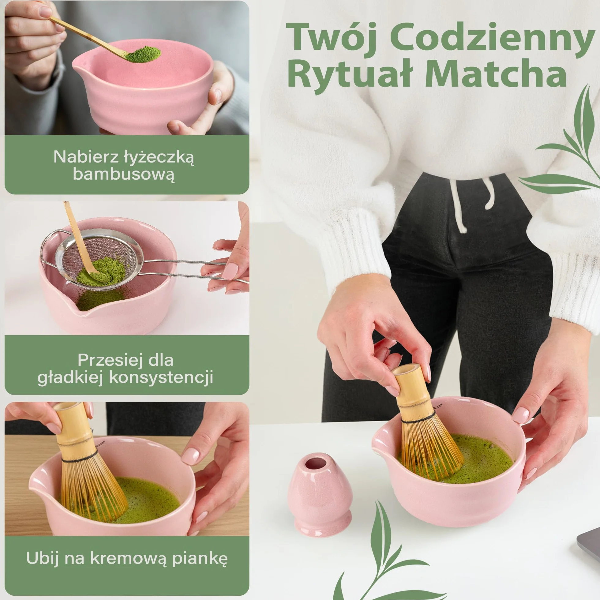 Comforder Zestaw do Herbaty Matcha z Ceramiczną Miseczką, Bambusową Trzepaczką i Podstawką, Różowy