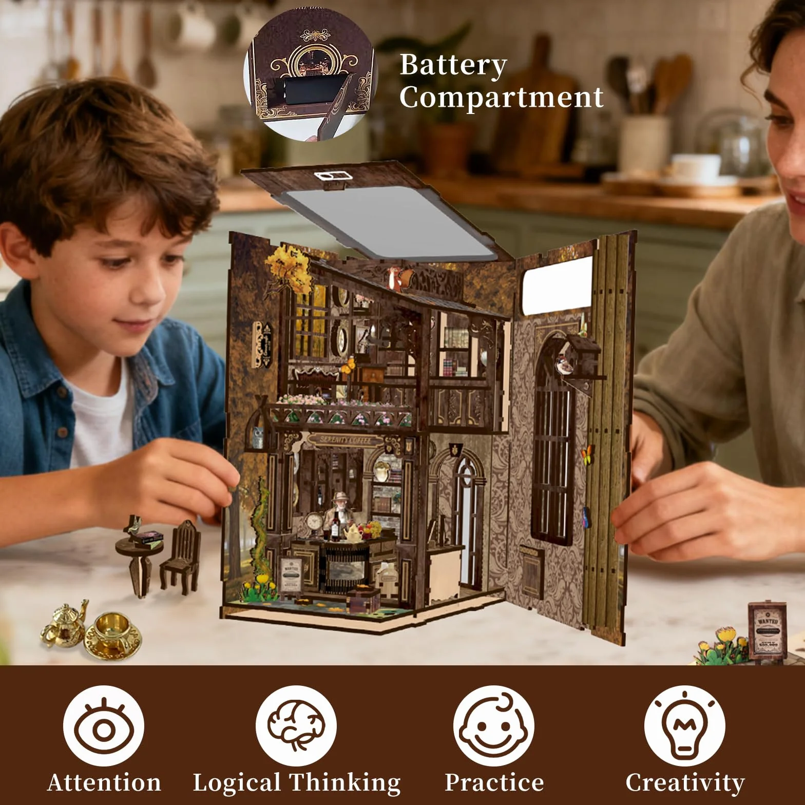 GuKKK Zestaw Book Nook DIY drewniane puzzle 3D z oświetleniem LED dekoracja półki na książki miniaturowy dom
