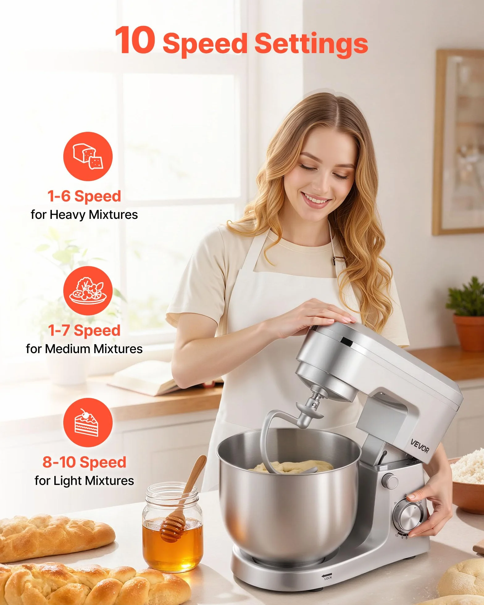VEVOR Blender stojący 1500 W, miski ze stali nierdzewnej 4,2 + 5,7 l, 10-biegowy, srebrny