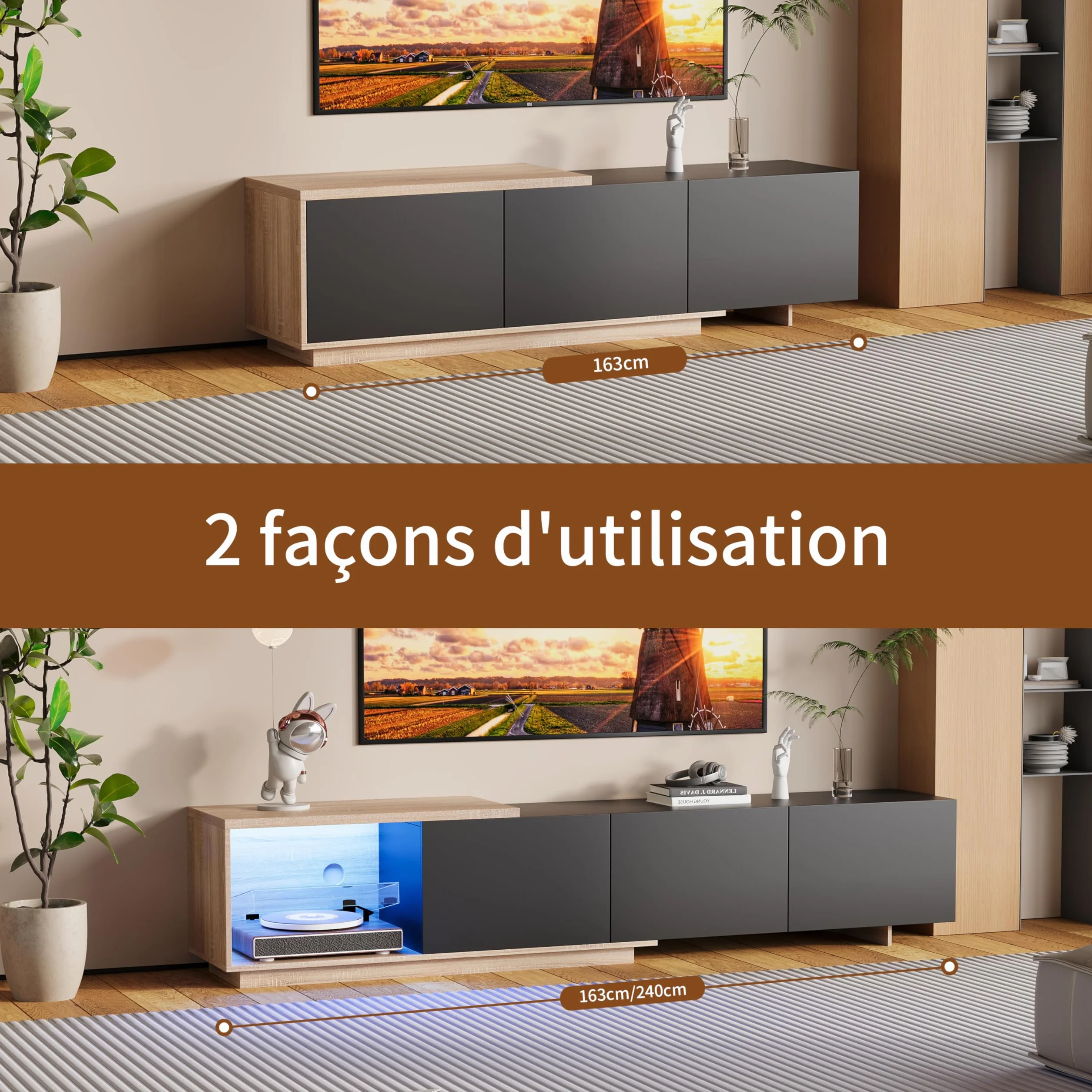 Szafka pod telewizor 160-240 cm z LED i 3 szufladami