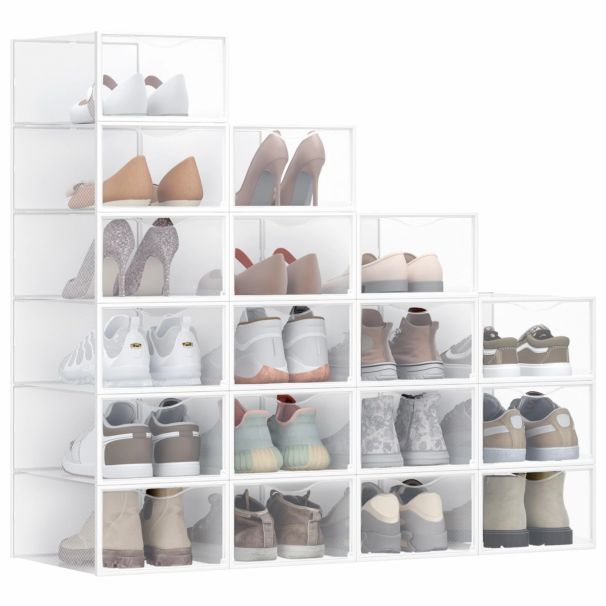 SONGMICS Pudełka na buty plastikowy organizer z drzwiczkami przezroczysty biały zestaw 18 sztuk 33,2 x 23 x 14,5 cm