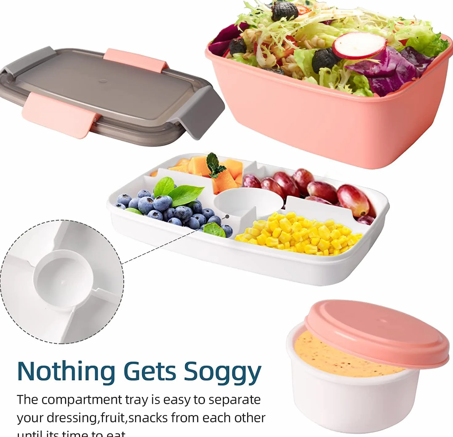 MUJUZE Bento Box 2000 ml 2-poziomowe pudełko na lunch z przegródkami, bez BPA, ze sztućcami, różowe