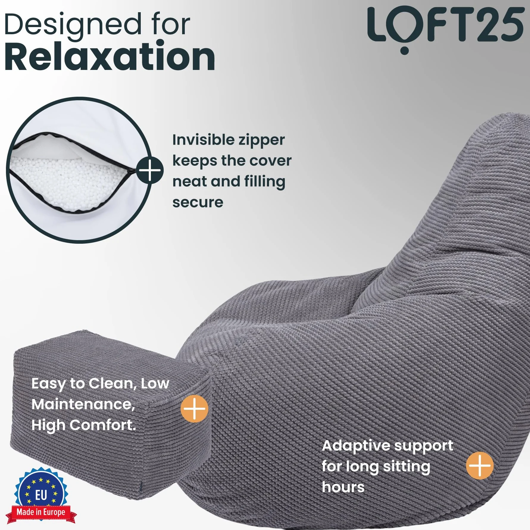 Loft 25 Krzesło do siedzenia z wysokim oparciem dla dorosłych, tkanina sztruksowa, do wewnątrz, do salonu, gamingowa, wewnętrzna wkładka, ergonomiczna konstrukcja dla wsparcia ciała (worek do