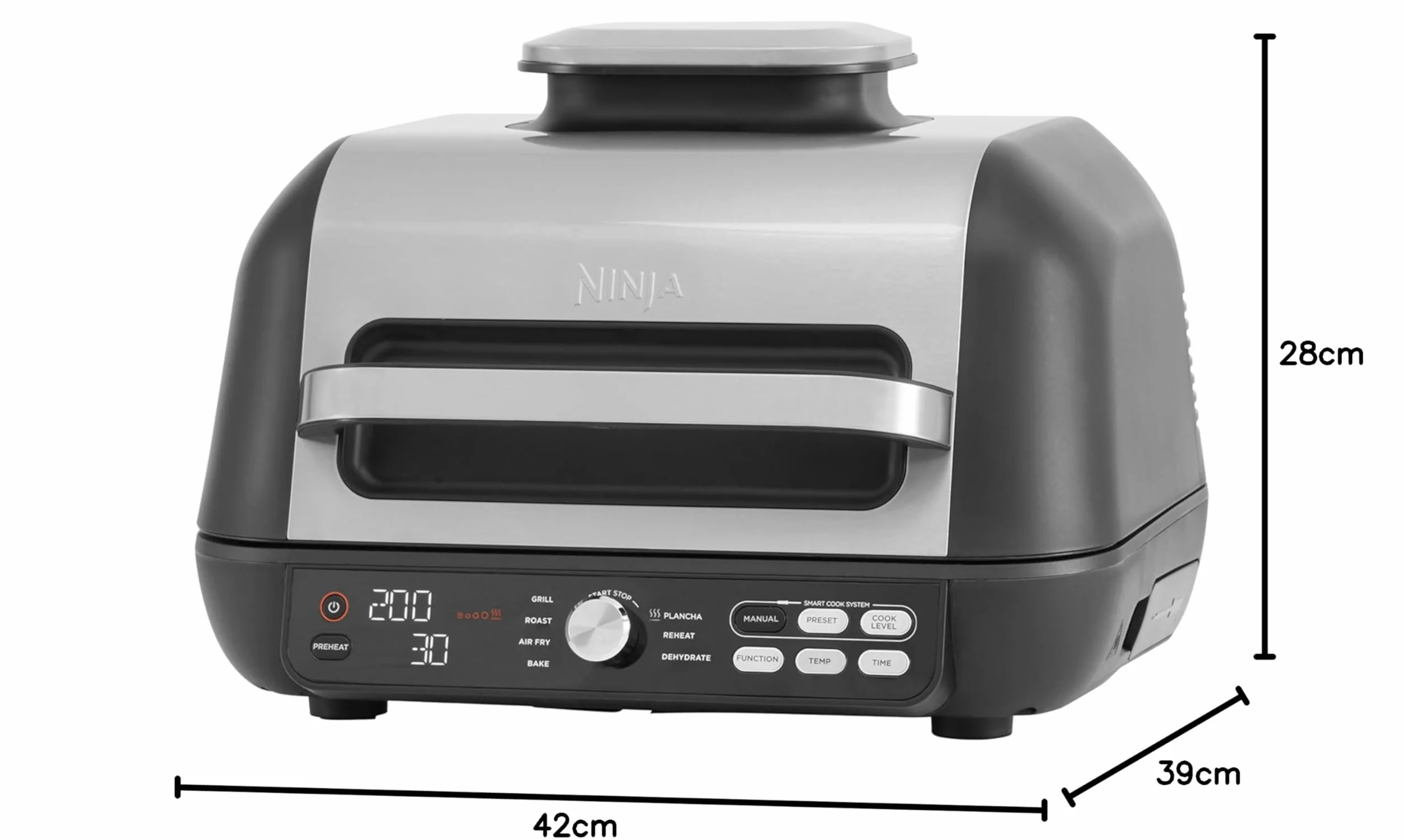 Ninja Foodi MAX PRO Grill, płaska płyta i frytkownica beztluszczowa z cyfrową sondą kuchenną i termometrem, 3,8 l, 7 funkcji gotowania w 1, części można myć w zmywarce, srebrno/czarny, AG651EU