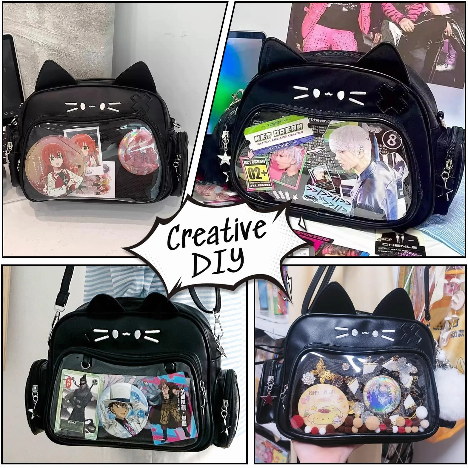 Kawaii Ita Bag plecak z paskiem na ramię w kształcie kota, wielofunkcyjny stojak na przypinki z wkładką