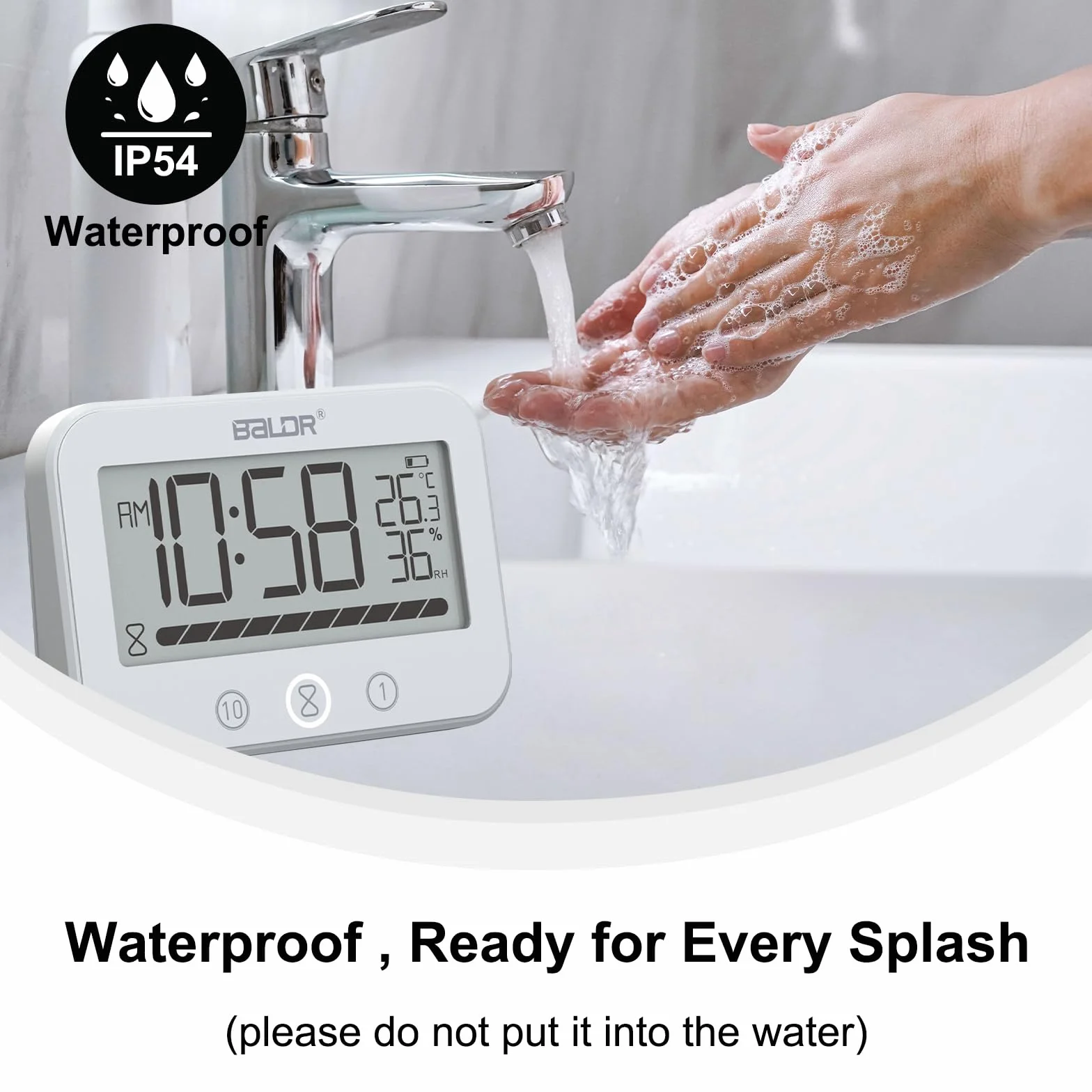 Cyfrowy zegar łazienkowy IP54 z temperaturą i wilgotnością, 99-minutowy timer LCD z alarmem