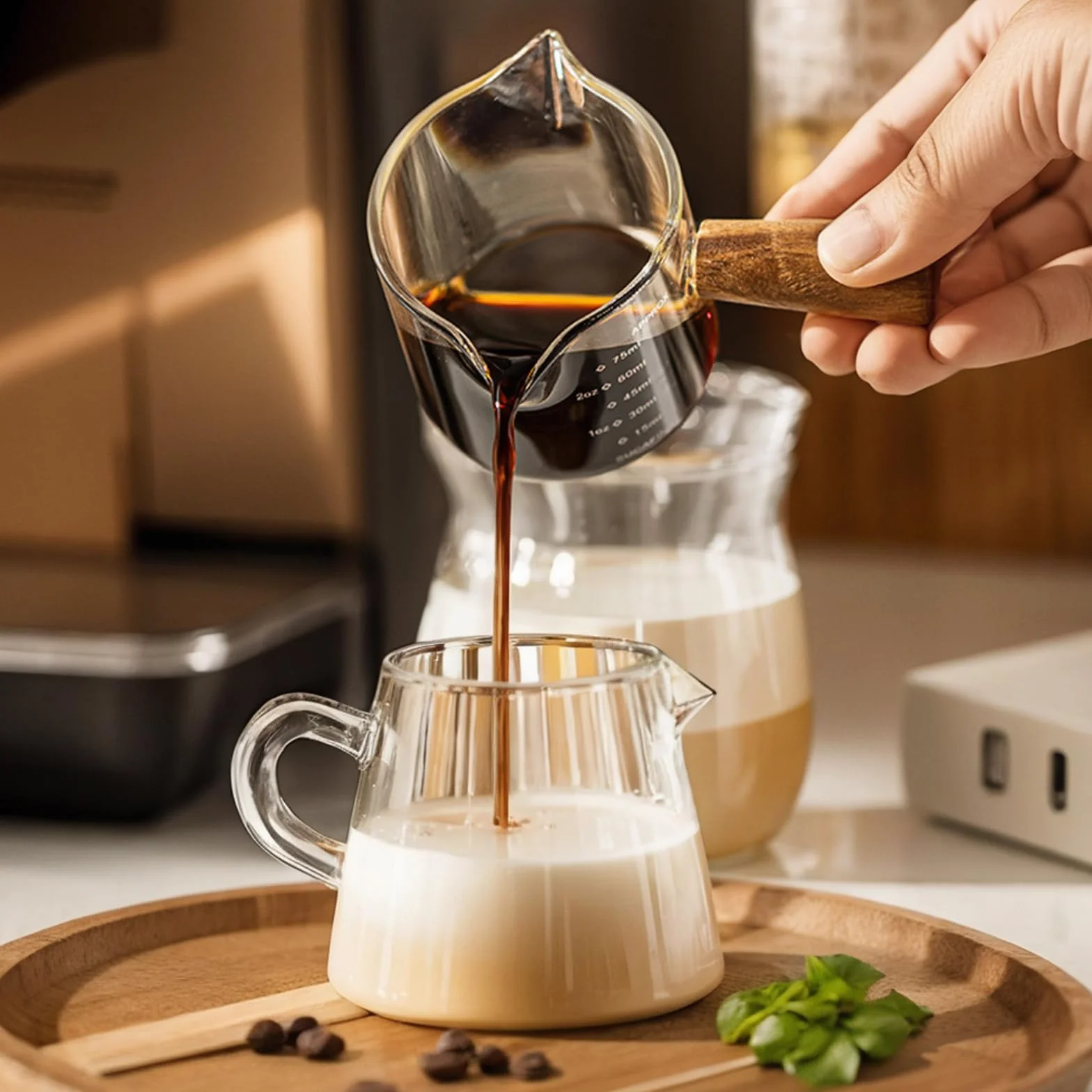 2 sztuki filiżanek do espresso z uchwytem, szklane szklanki do espresso 2.5 oz z miarką i podwójnym odpływem, wielokrotnego użytku szklana miarka z V-kształtnym wylewem do kawy, mleka, soku
