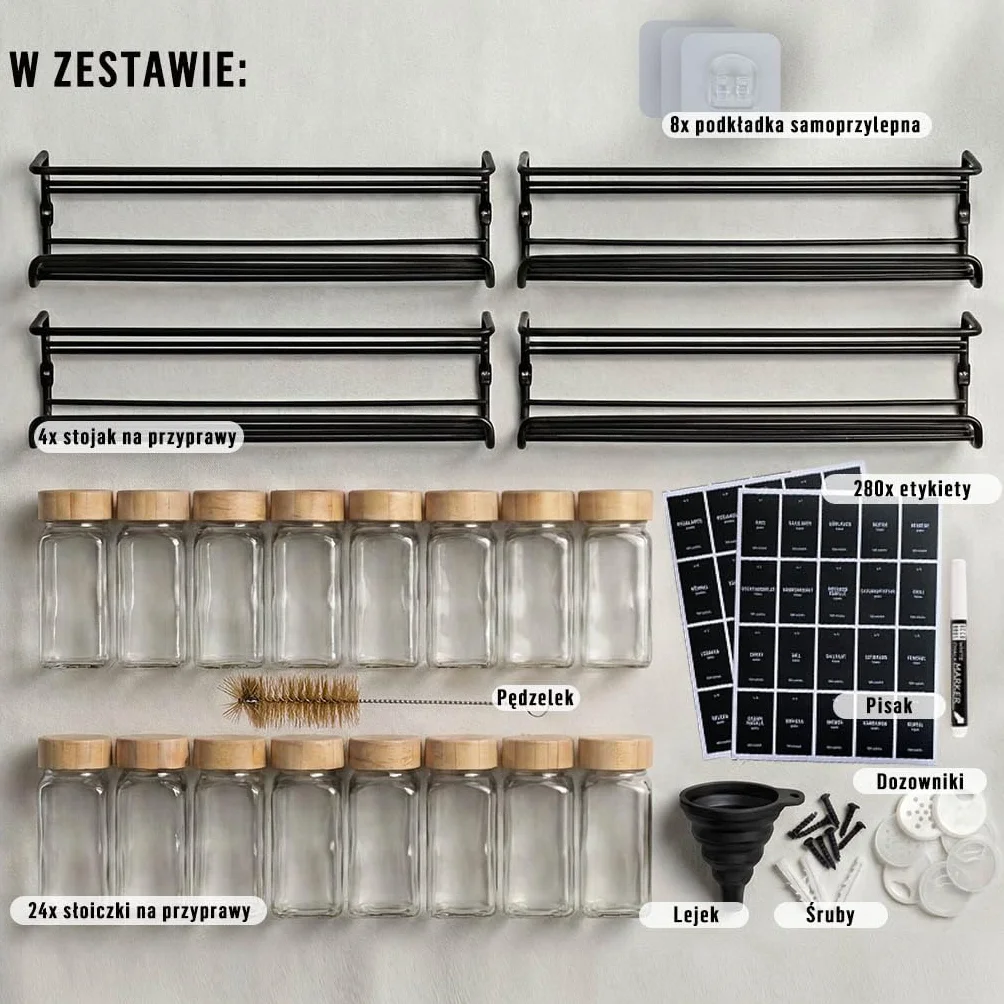 Deco haus Stojak na przyprawy na ścianę bez wiercenia 24 słoiczki 280 etykiet