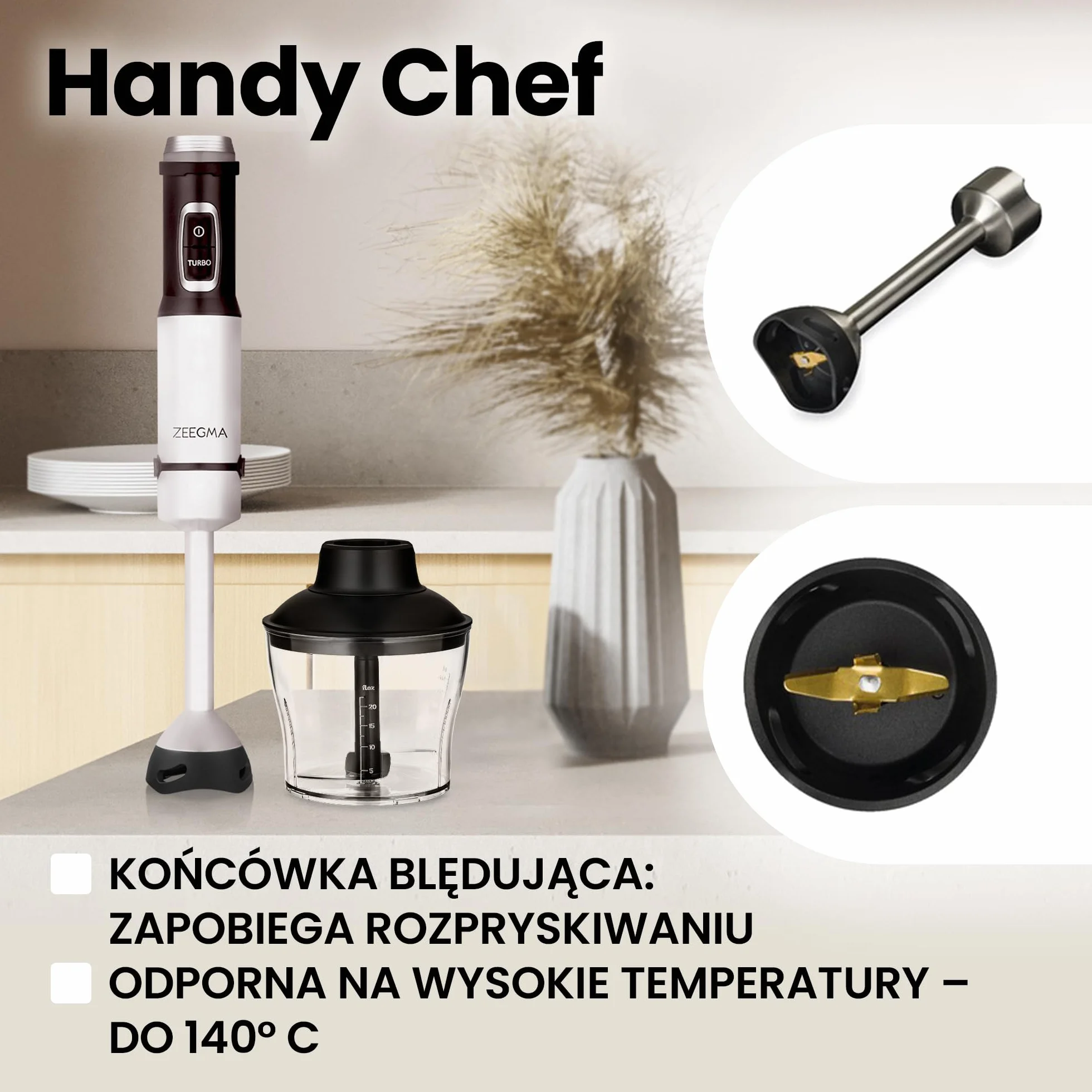 ZEEGMA Handy Chef blender ręczny 5w1 wielofunkcyjny o mocy 1500W, zestaw końcówek: blendująca, miksująca, ubijająca, hak do mieszania, malakser 0,6 l, pojemnik 0,8l, tryb turbo, regulacja prędkości