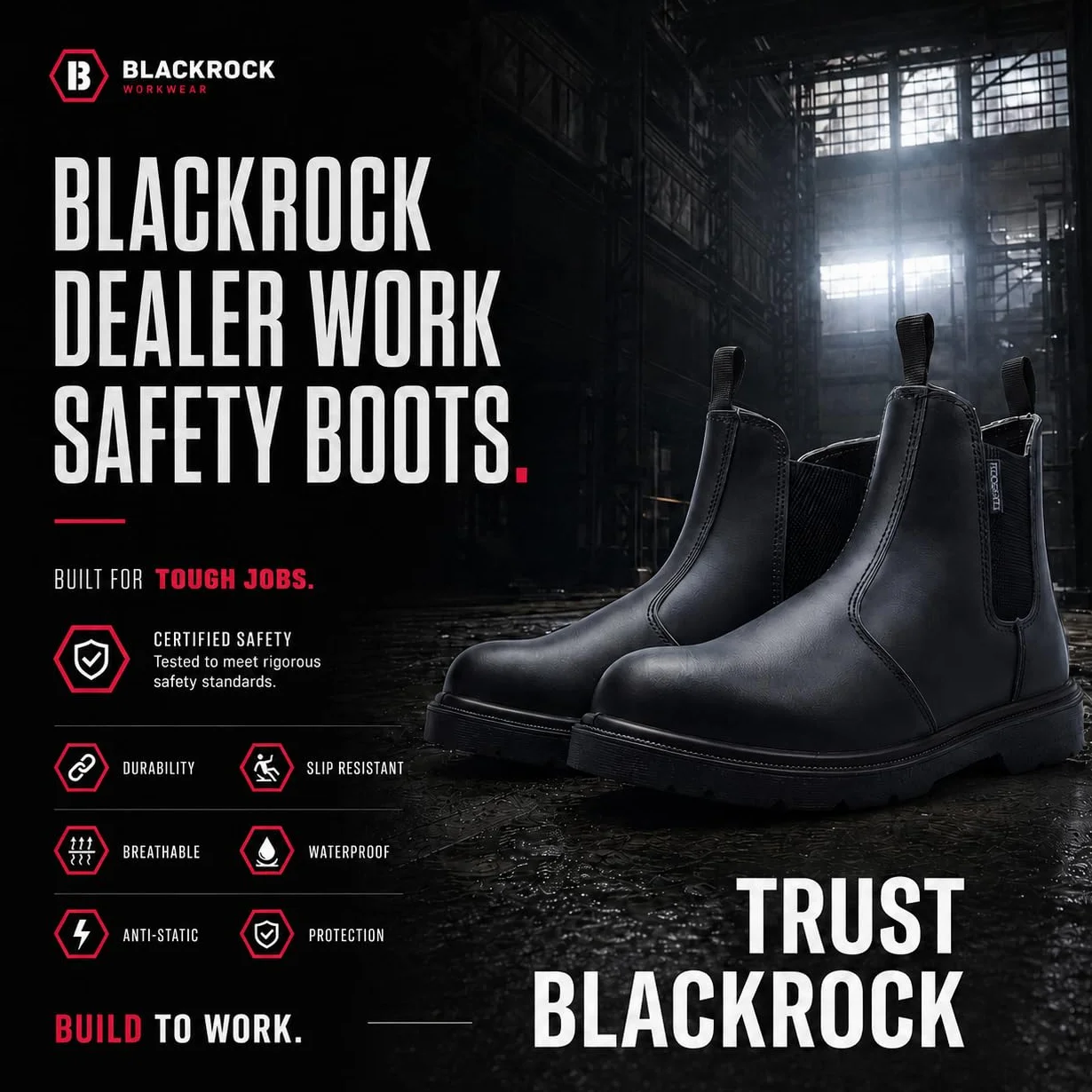 Blackrock Uniseks Blackrock Czarne Buty Ochronne Ze Stalowym Noskiem I Podeszwą ŚrodkowąButy ochronne