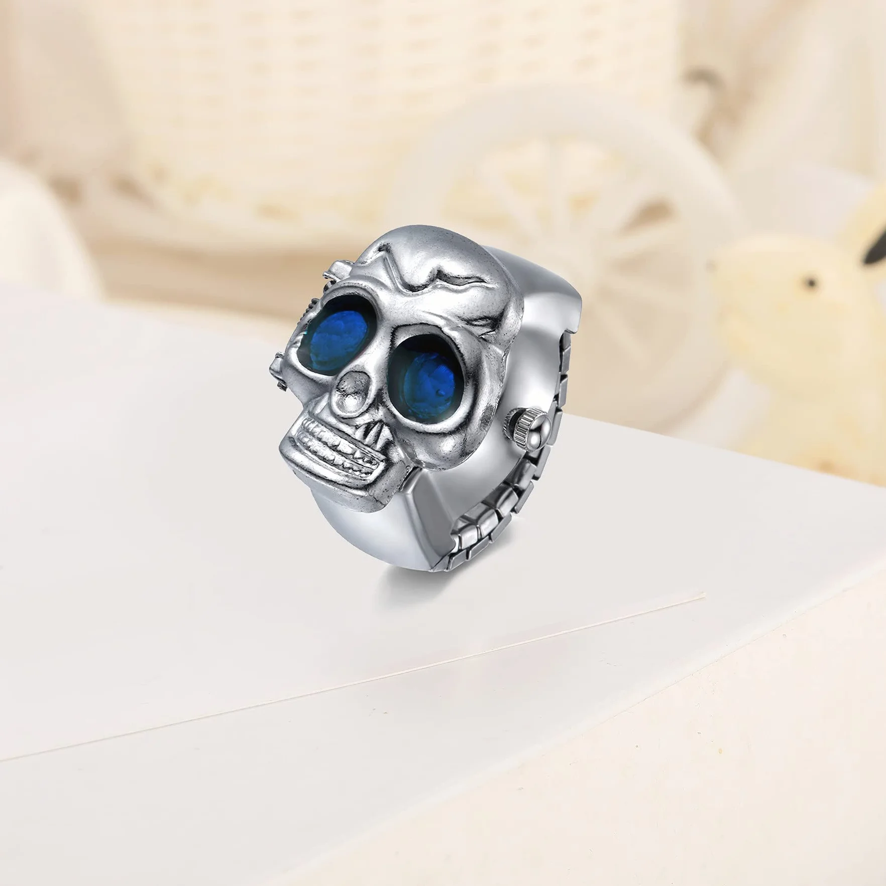 JewelryWe Mężczyźni kobiety zegarek na palec punk czaszka otwierana pokrywa kwarcowy analogowy regulowany pierścień zegarki na Halloween