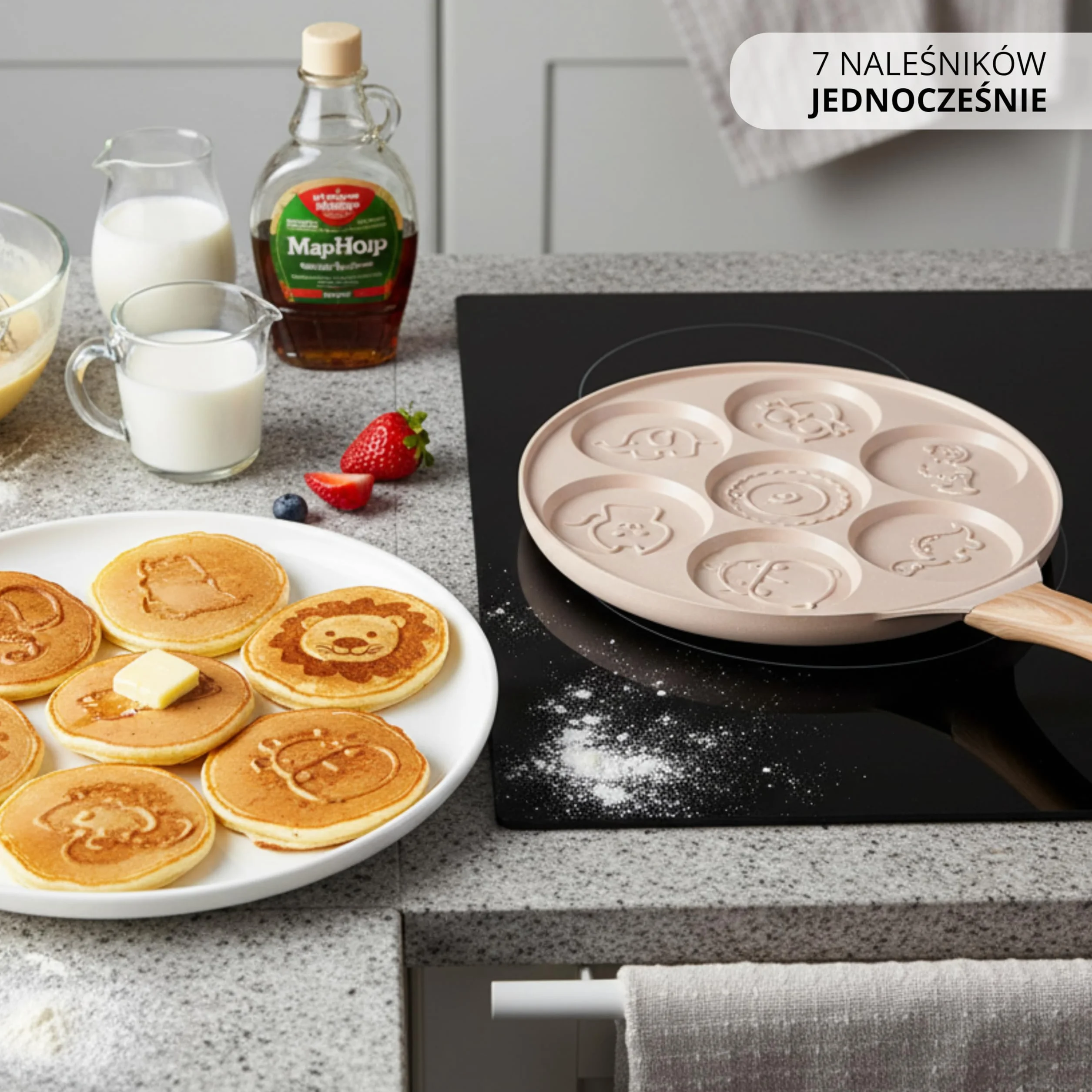 Erreke Patelnia do Naleśników, Patelnia do Crepes, 7 Mini Naleśników Jednocześnie, Podwójna Nieprzywierająca Powłoka, Do Wszystkich Typów Kuchni i Płyt Indukcyjnych, Uchwyt Soft Touch, 26 cm Beżowa