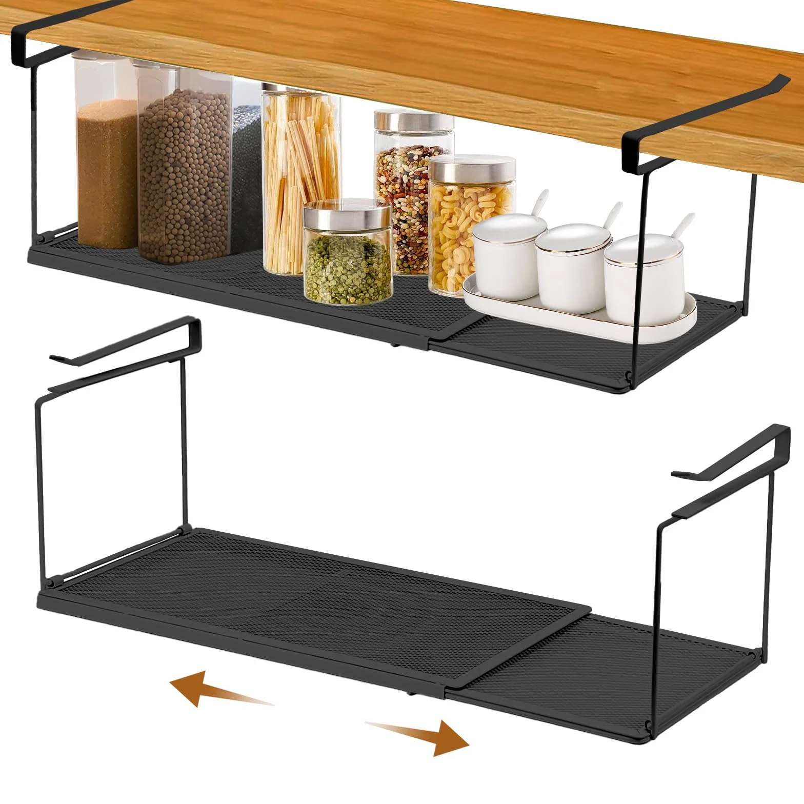 Regulowany wiszący kosz pod półką, do przechowywania w kuchni pod półką, metalowy stojak do zawieszenia pod biurkiem 38,5-70 cm, do szafek kuchennych (czarny)