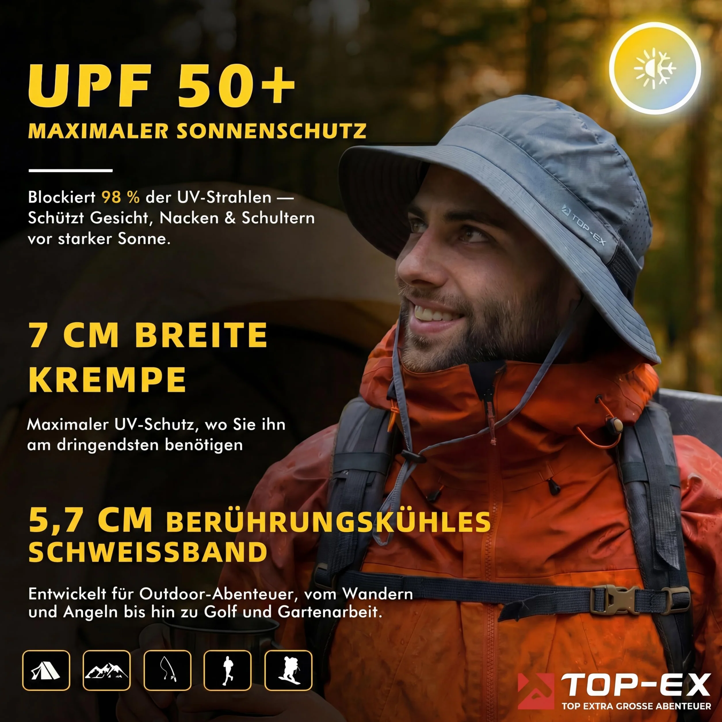 TOP-EX Chłodzący kapelusz rybacki, męski, oddychający, ochrona przed promieniowaniem UV, kapelusz przeciwsłoneczny, damski letni kapelusz outdoorowy z szerokim rondem, składany kapelusz safari