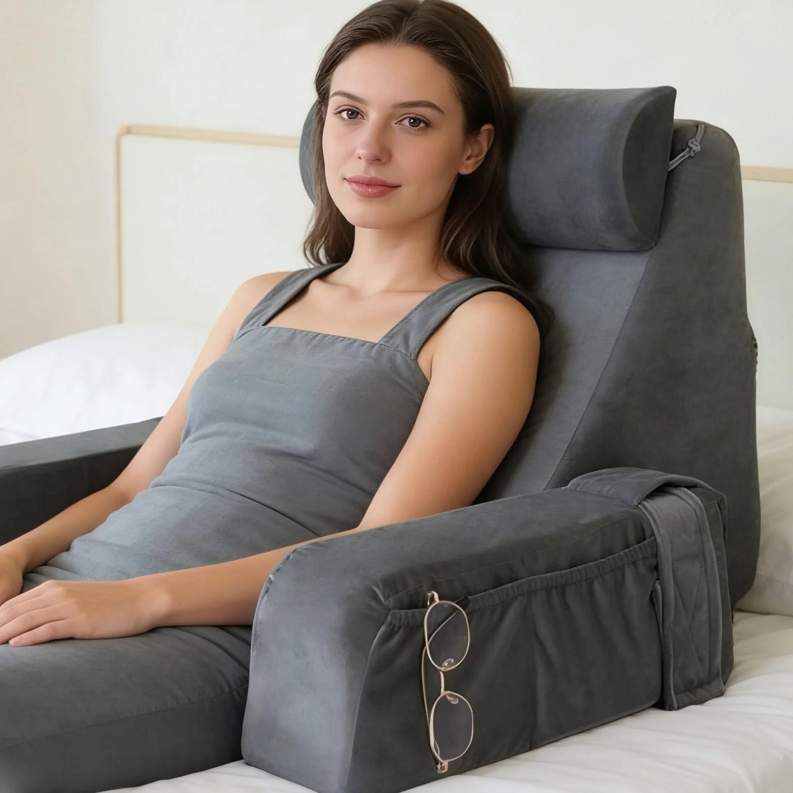 Ergonomiczna Poduszka do Czytania na Łóżko i Sofę, Szara, z Podłokietnikami i Poduszką Głowy