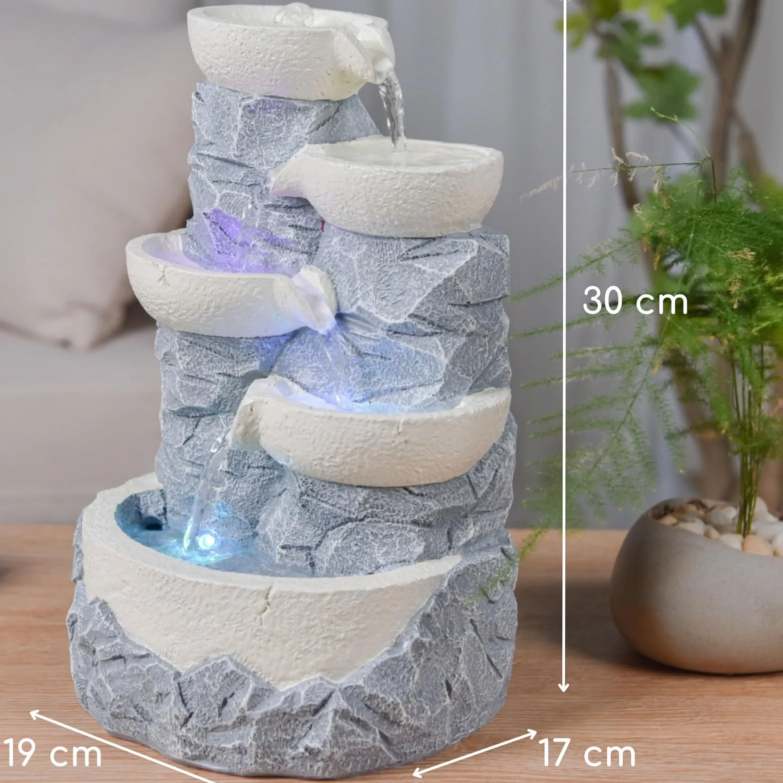 Zen'Light SCFR22-F6 wewnętrzna wodospad 4 poziomy słoik efekt kamienia naturalnego kolorowe diody LED, dekoracja wnętrz Zen i odpoczynek, fontanna stołowa, H 31cm - Ganda Zen'Light, Szary