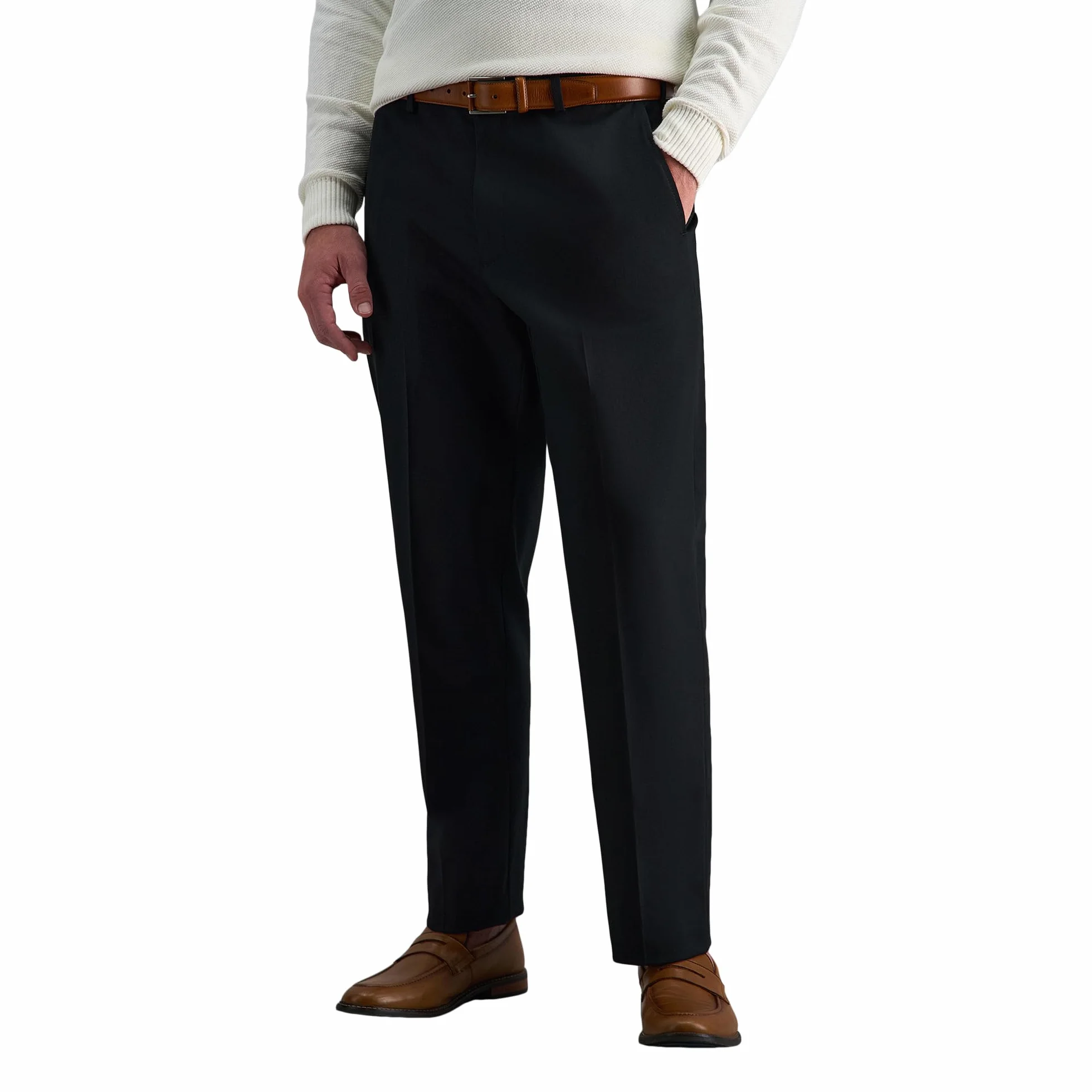 Haggar Męskie spodnie, jakość premium, kolor khaki, prosty krój, płaski przód, elastyczny pas, na co dzień, bez prasowania