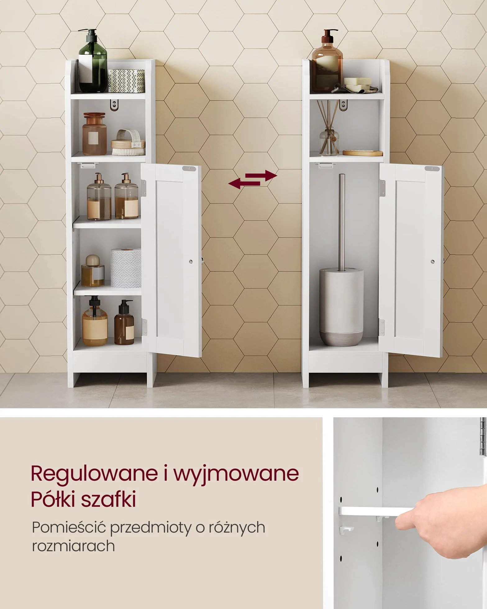 VASAGLE szafka pod toaletę, szafka łazienkowa, szafka łazienkowa, wąska półka łazienkowa, regulowane półki, oszczędność miejsca, łatwy montaż, biały BBC310W01