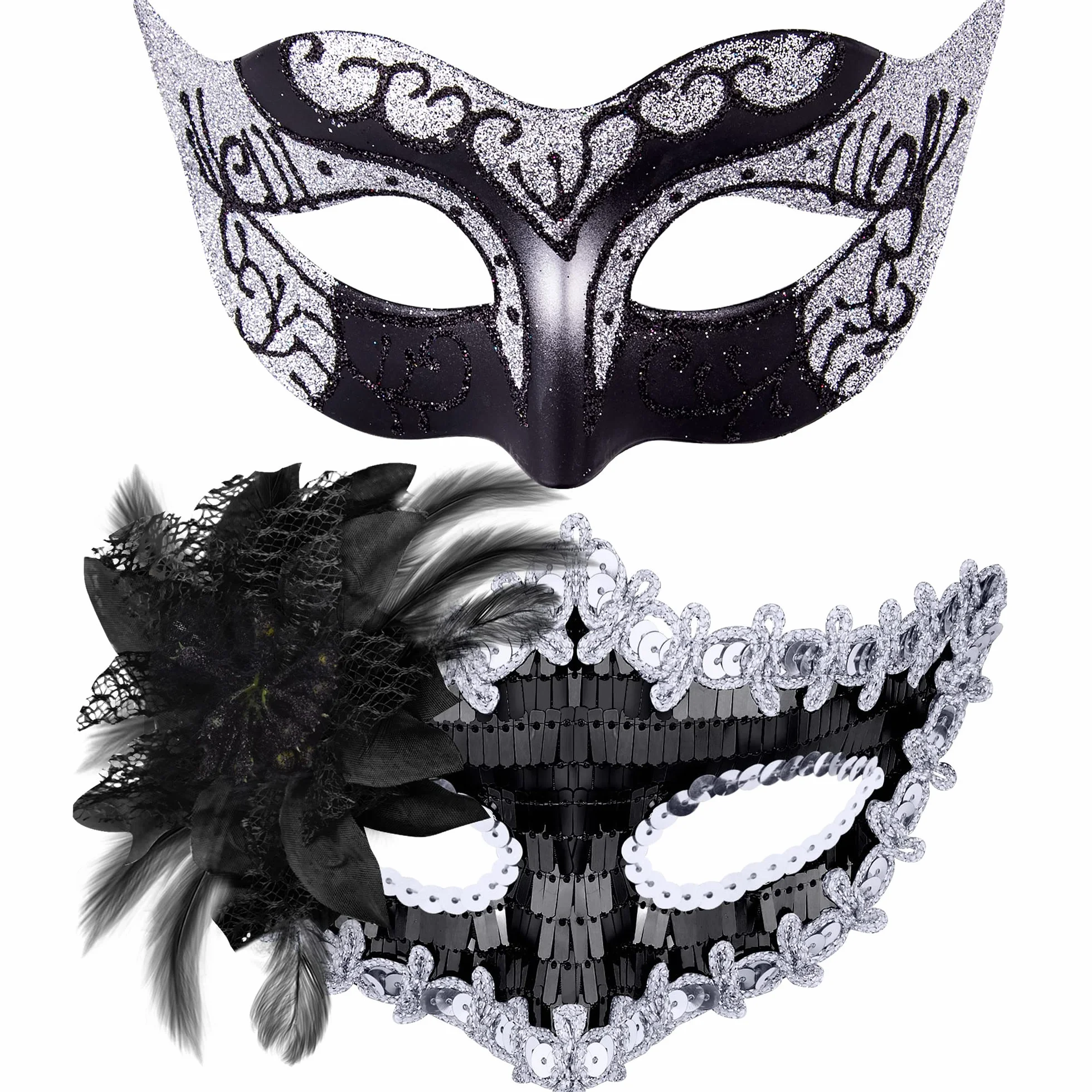 Maska wenecka maskarada czarna i srebrna na Halloween karnawał 2 sztuki