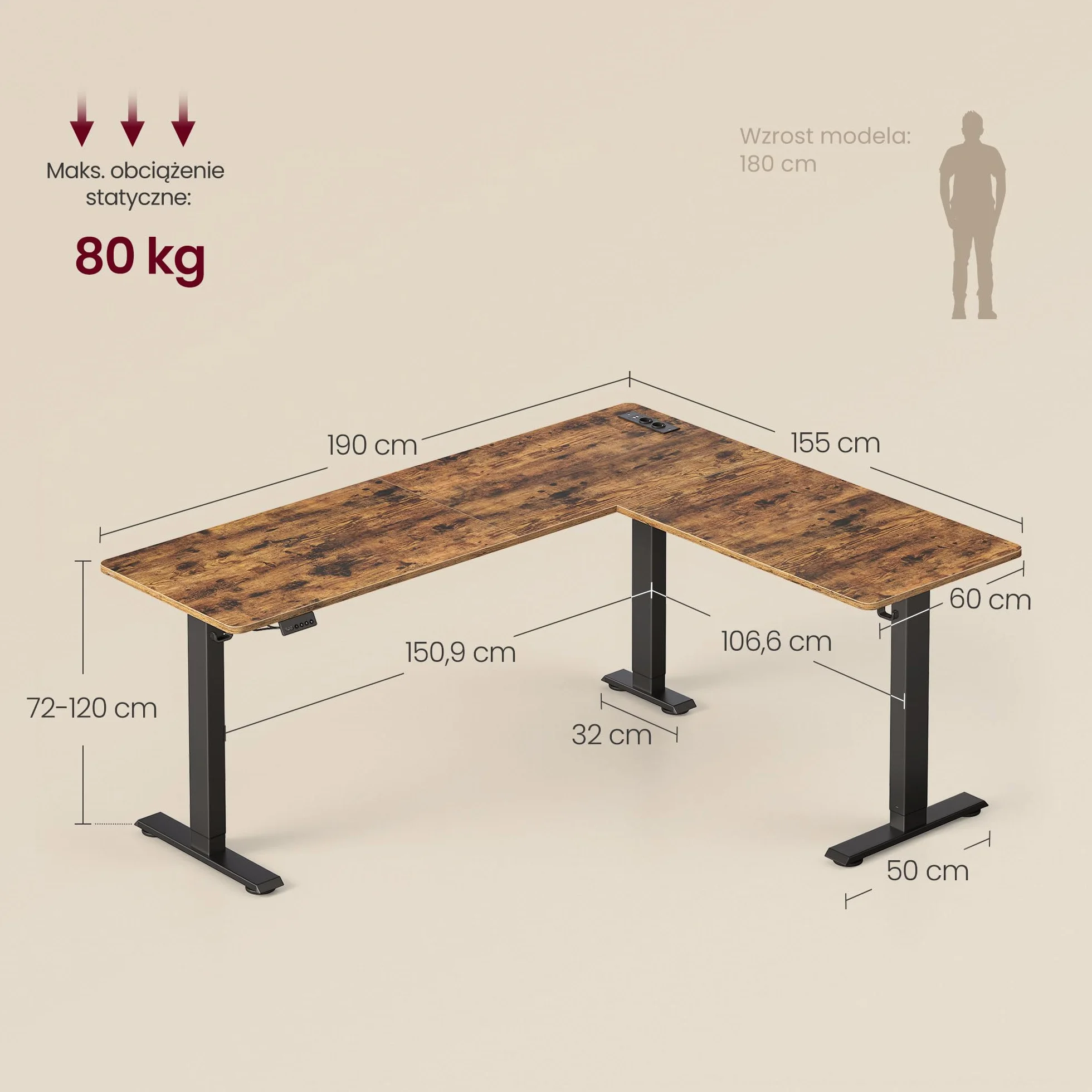VASAGLE Biurko narożne z regulacją wysokości 190x155 cm 2 gniazda AC 2 porty USB-A rustykalny brązowy
