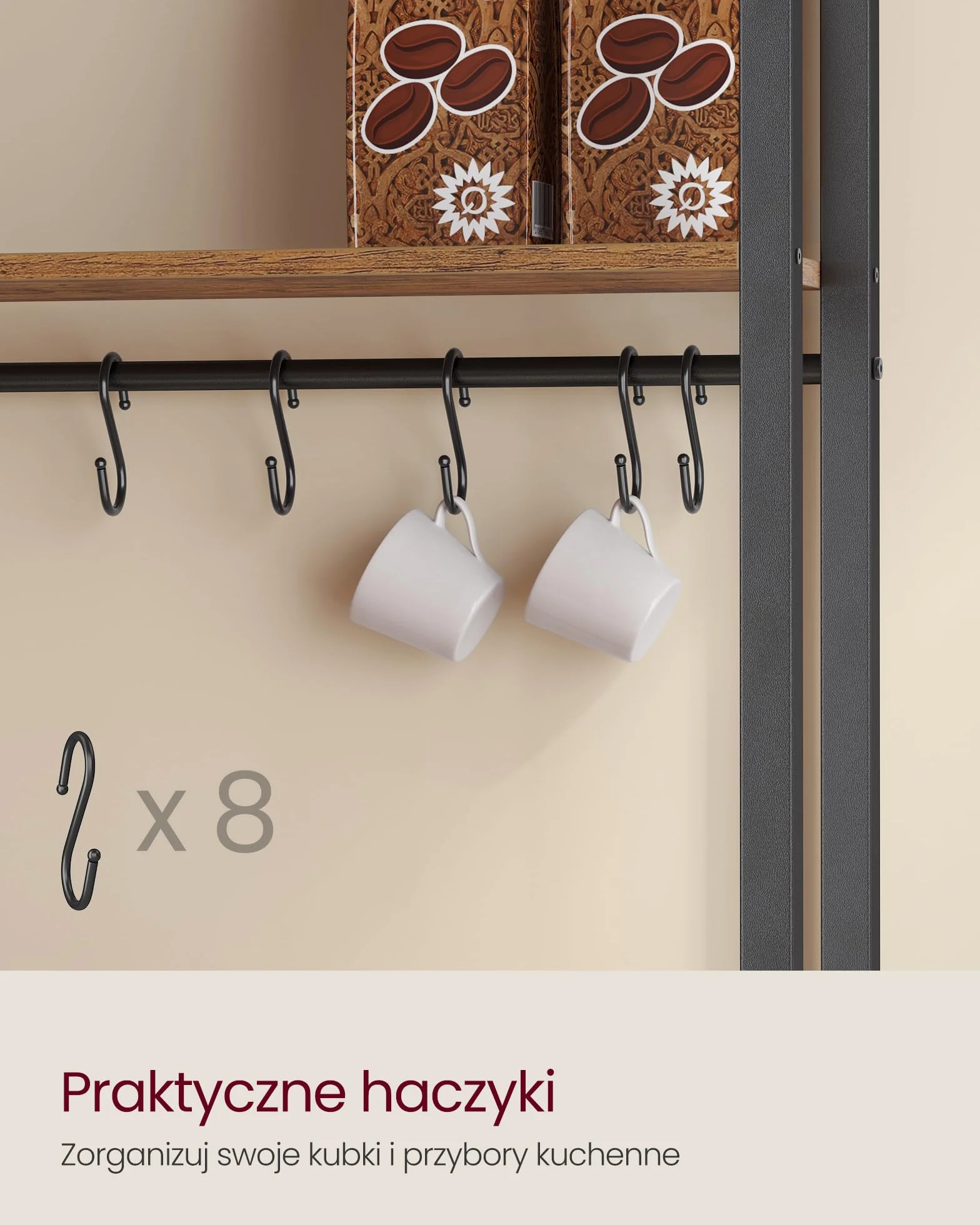 VASAGLE Półka kuchenna z listwą zasilającą 90 cm 40 x 60 x 170 cm rustykalny brąz i atrament czarny