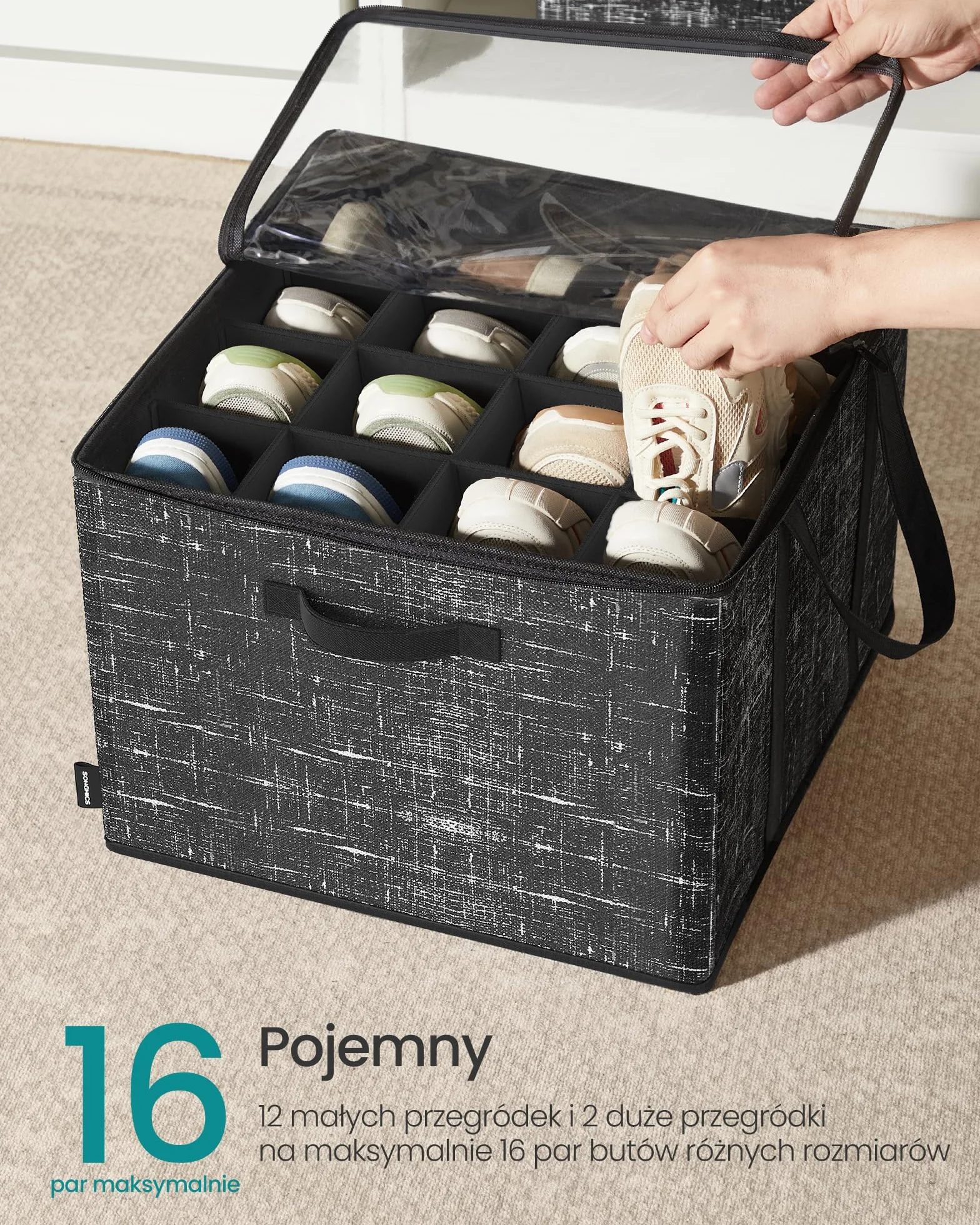 SONGMICS Organizer na buty, zestaw 2 szt., na 16 par, pudełko do przechowywania, przezroczysta pokrywa, czarny
