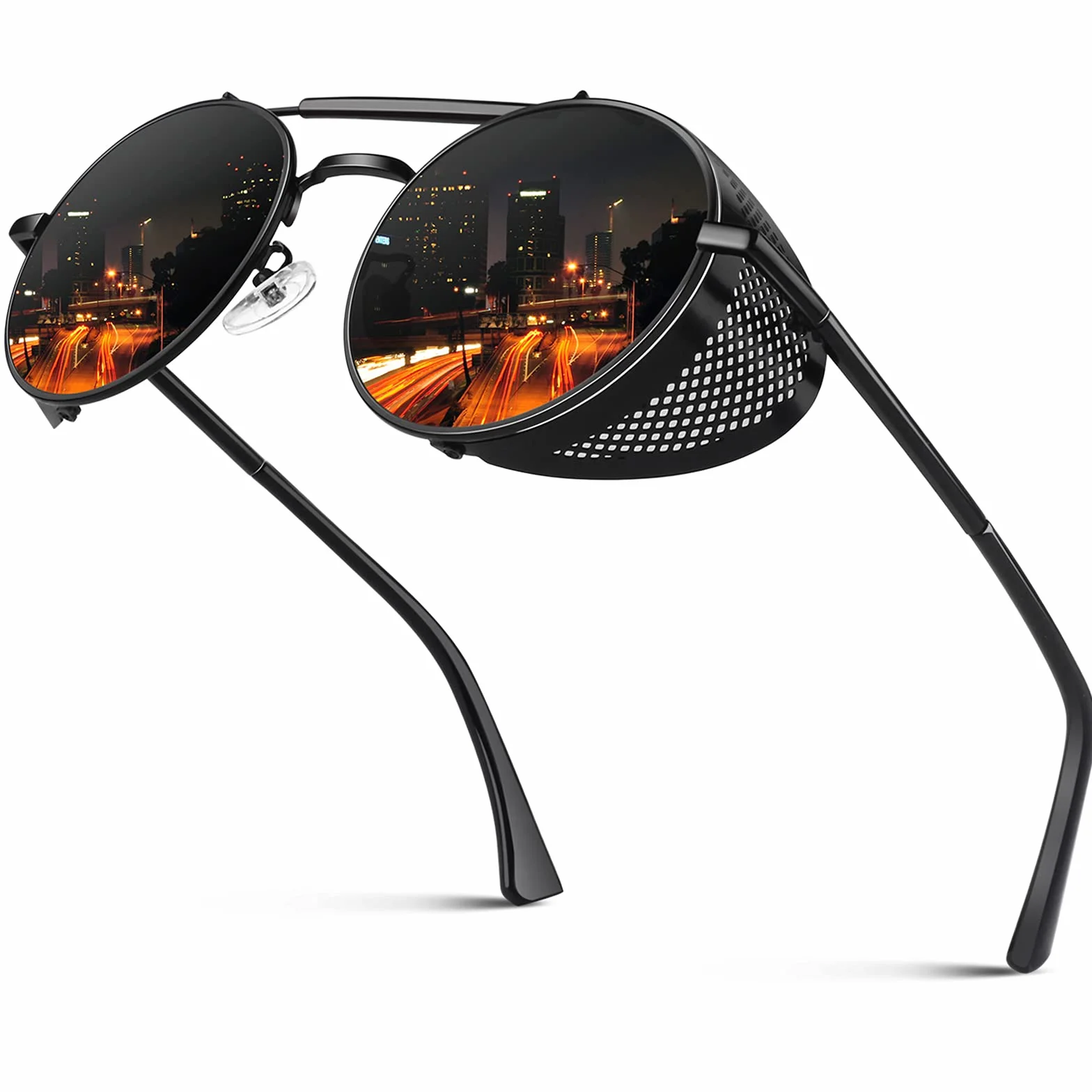 CGID Polaryzacyjne okulary przeciwsłoneczne dla kobiet mężczyzn steampunk retro okrągłe okulary unisex UV400, boczne gogle przeciwsłoneczne gotyckie