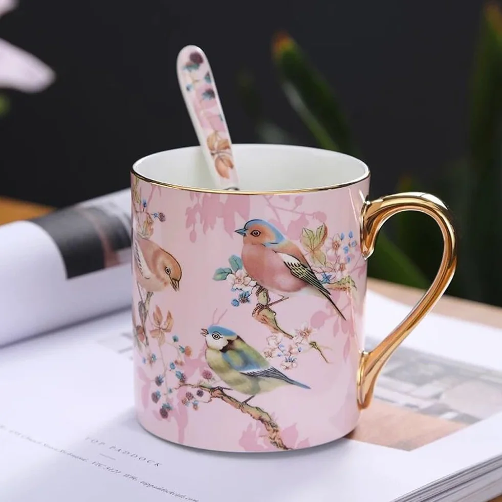 YBK Tech Porcelanowa Filiżanka do Herbaty z Porcelany Kostnej, 350 ml Kubek do Kawy - Wzór Ptaków (Różowy)