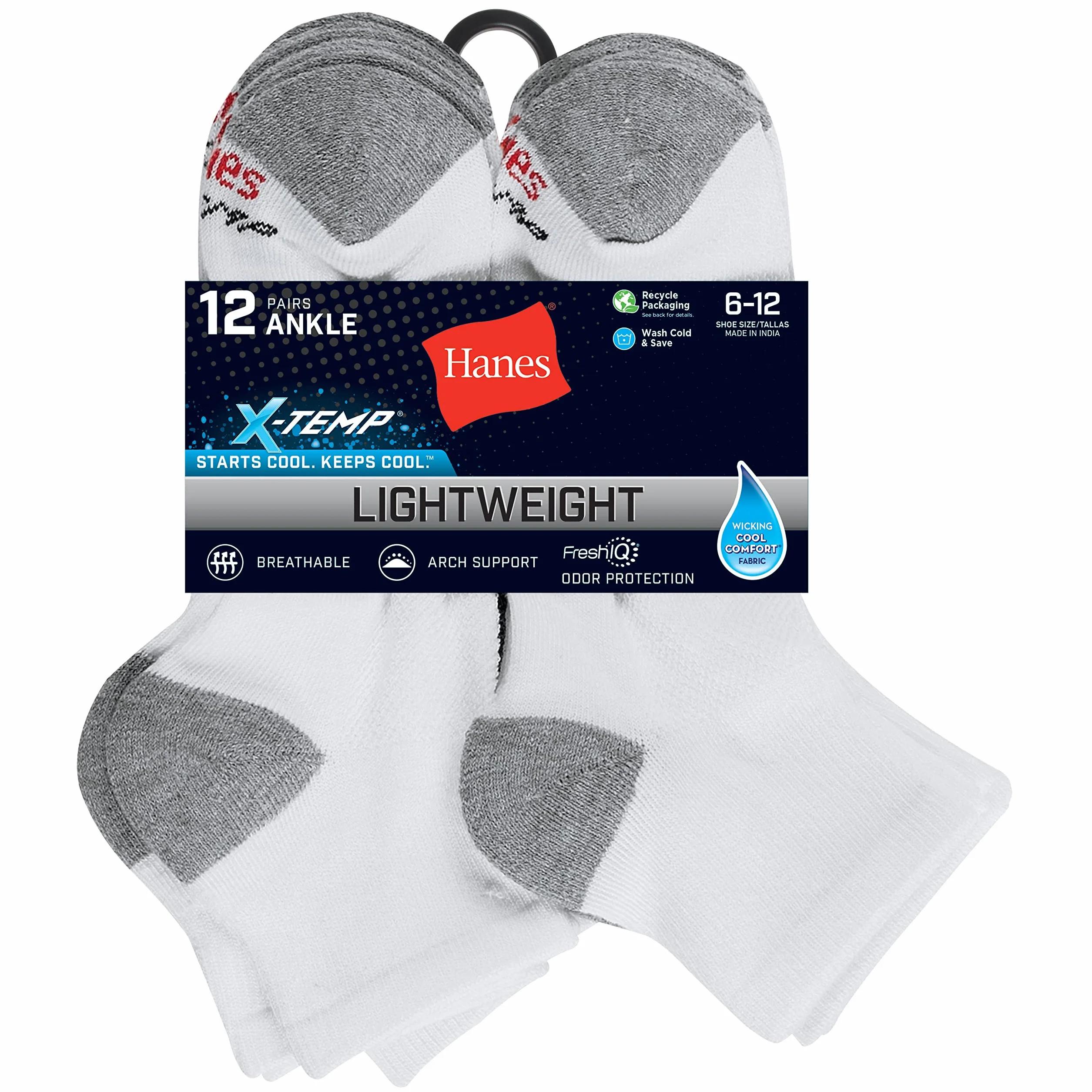 Hanes Męskie skarpety FreshIQ™ X-Temp® 12 szt. (LTAC16) - białe -6-12 - 12 szt