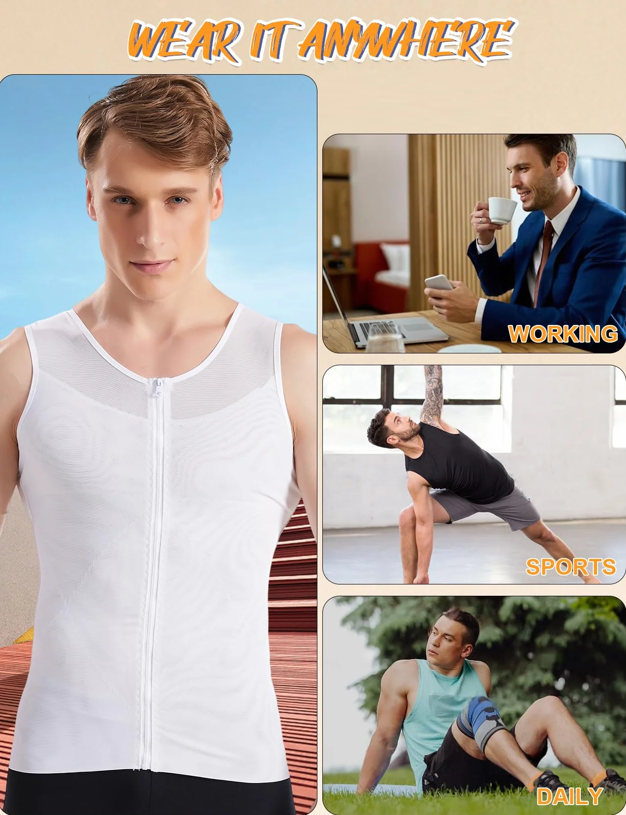HANERDUN Męska Koszulka Kompresyjna Wyszczuplająca Bez Rękawów Bielizna Bielizna Modelująca Brzuch Koszula Płaski Brzuch Sportowa Kamizelka Fitness z Zamkiem Błyskawicznym