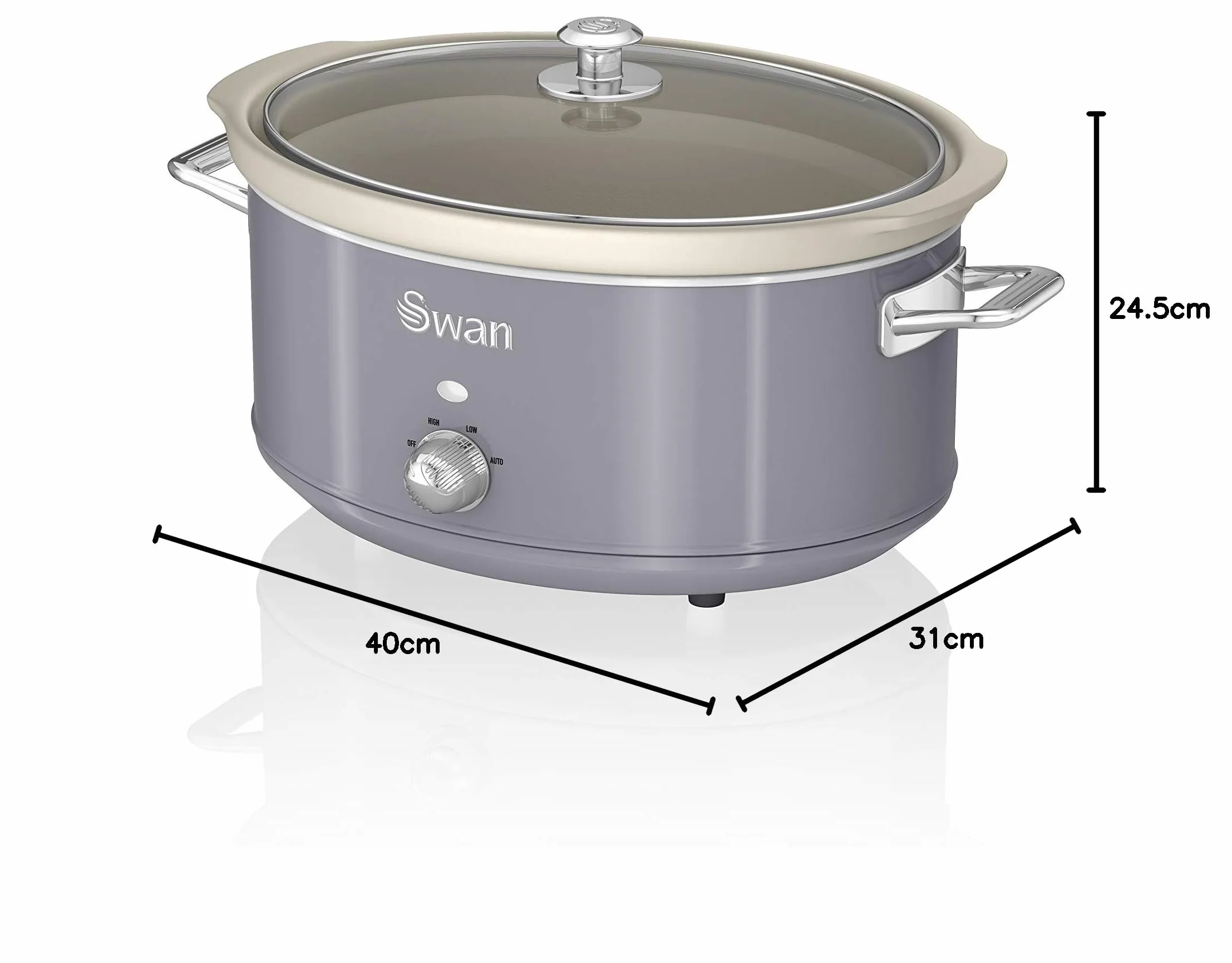 Swan Retro SF17031GRN wolnowar 6,5 l Wymienny pojemnik, nieprzywierająca ceramika wolna od PFOA i PTFE, 3 poziomy temperatury, szklana pokrywa, powolny kucharz, vintage design, szary, 320 W