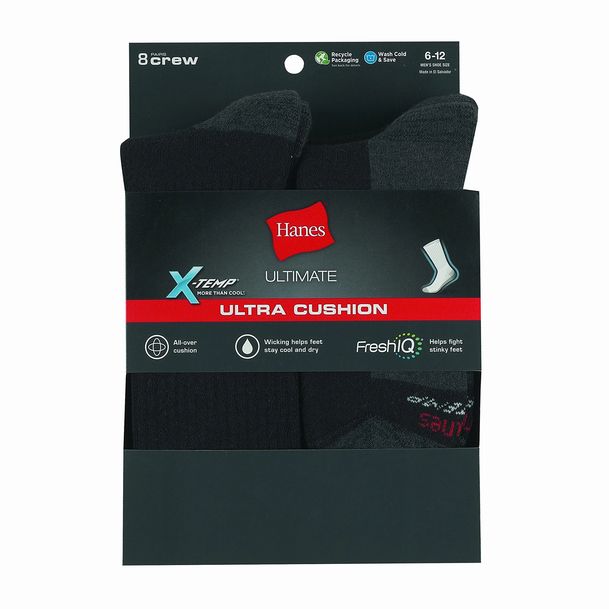Hanes Męskie Ultimate 8-pak Ultra Cushion FreshIQ Odor Control z Wicking Crew Socks, białe, Czarny/szary spód stopy - 8 szt, Rozmiar uniwersalny