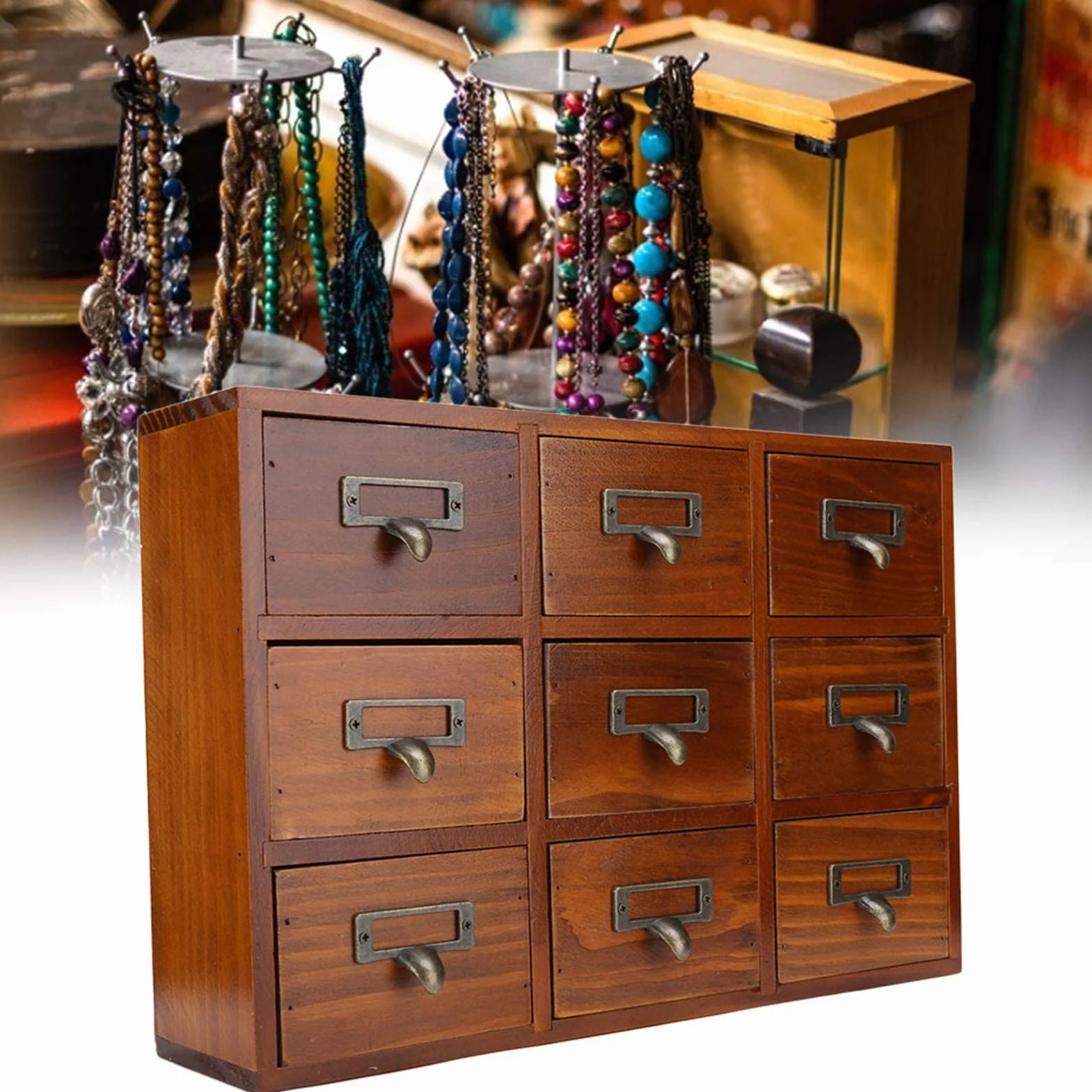Fockety Drewniany organizer na biurko w stylu vintage z 9 szufladami, szafka aptekarska, komody i szafki aptekarza, pudełko do przechowywania ziół, meble w stylu vintage - niebieski, na