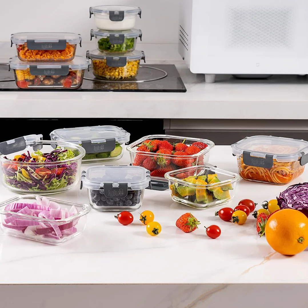 Igluu Meal Prep – Szklane pojemniki na żywność z pokrywkami (12 szt. – 4 prostokątne, 4 kwadratowe, 4 okrągłe) – Hermetyczne, Bez BPA – Do piekarnika, mikrofalówki, zamrażarki i zmywarki