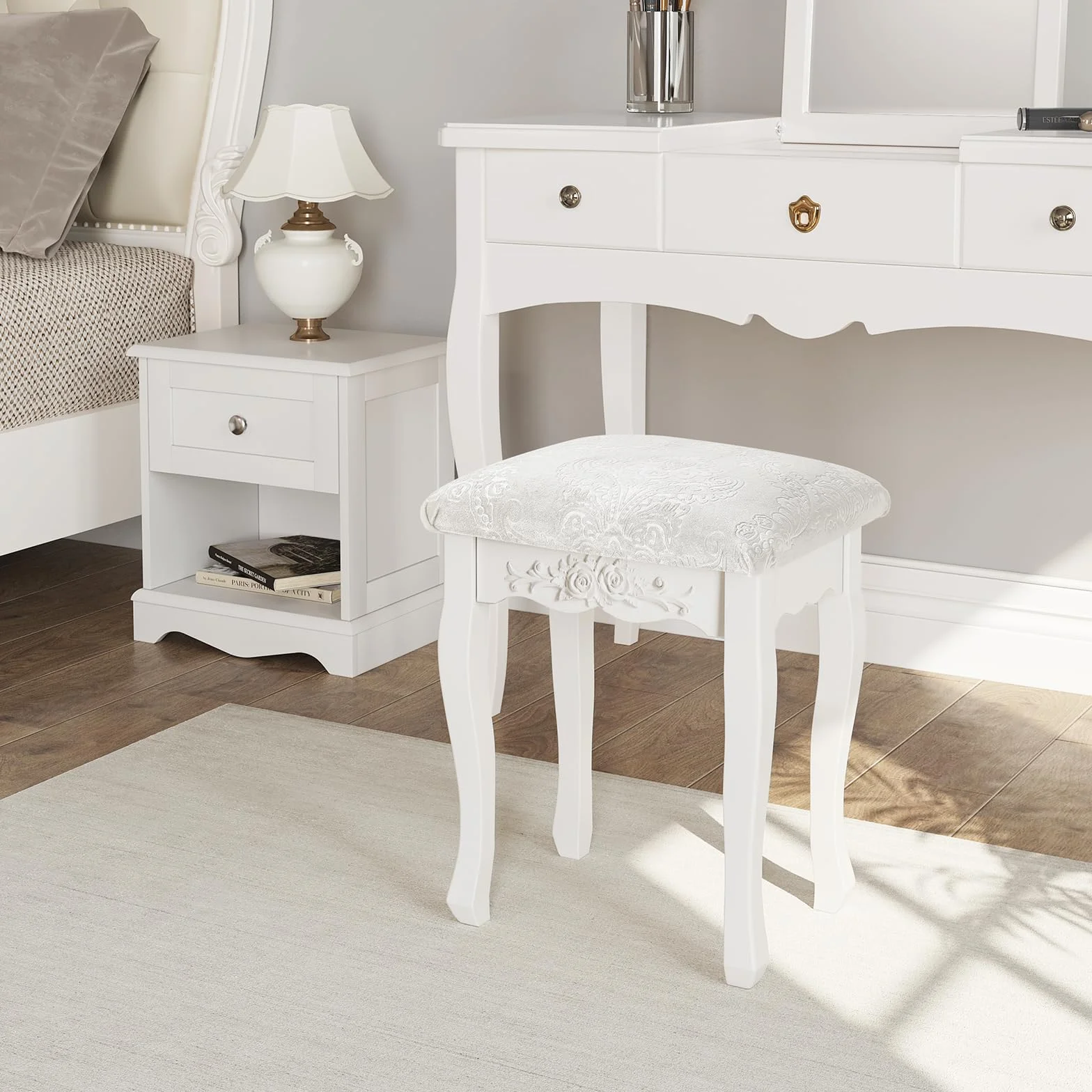 WOLTU MB6015 Taboret do Makijażu Tapicerowany MDF Lakierowany Biało Kremowo-Biały Barokowy