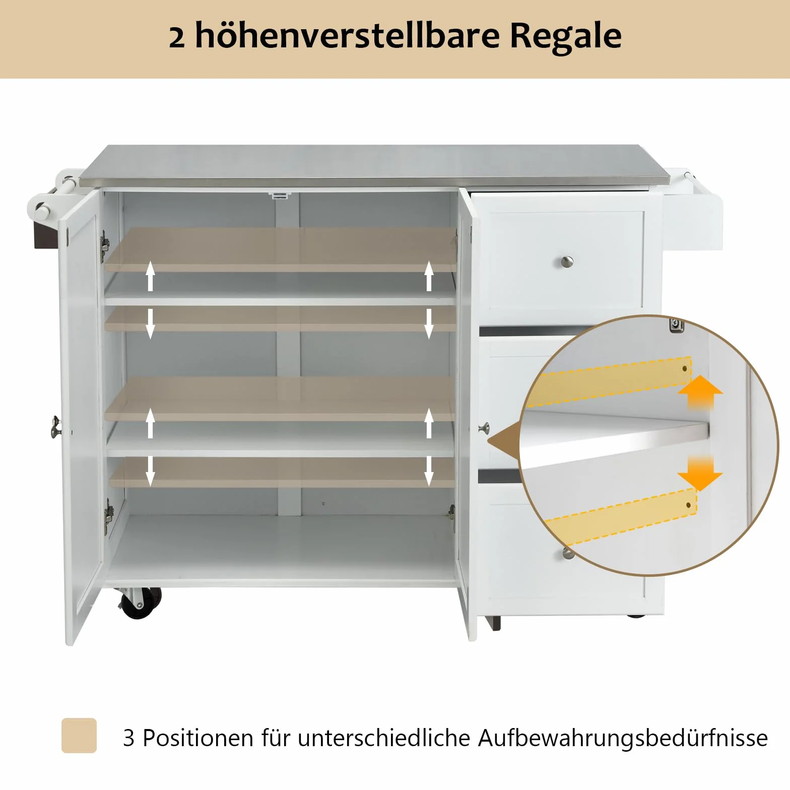 GOPLUS Wyspa kuchenna z płytą ze stali nierdzewnej, wózek kuchenny na kółkach, wózek z szufladami, wieszak na ręczniki i półki na przyprawy, wózek do serwowania do kuchni, jadalni (biała)