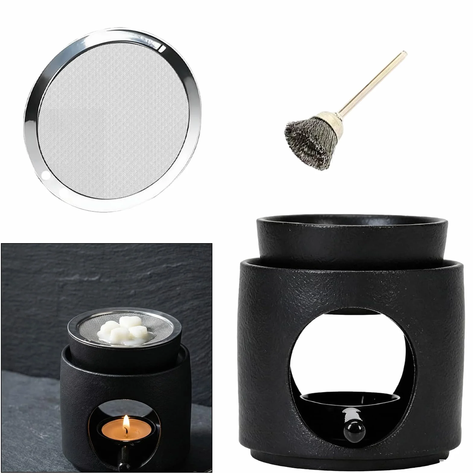 Lampa zapachowa z ceramiki, matowa czarna, 2 w 1, z sitkiem ze stali nierdzewnej i szczotką do czyszczenia, zdejmowana miska, uchwyt na podgrzewacze na olejki eteryczne, wosk zapachowy zioła
