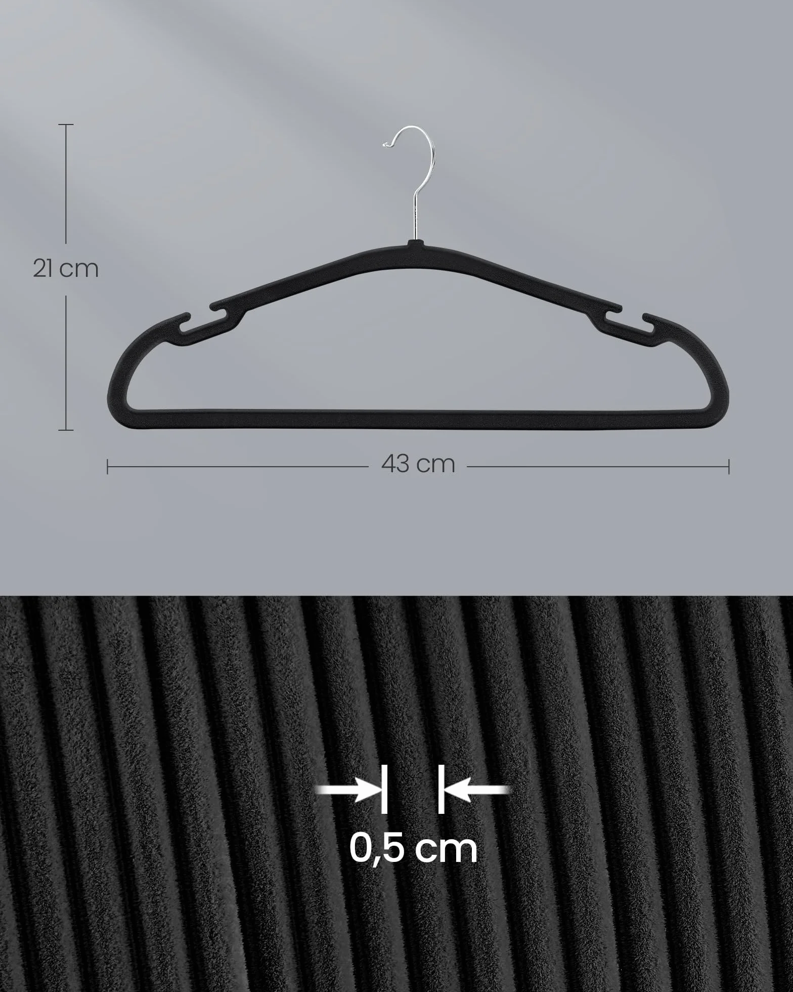 SONGMICS Aksamitne wieszaki na ubrania, zestaw 50 sztuk, 43 x 21 cm, aksamitne wieszaki, antypoślizgowe, szerokie wycięcia na ramionach, obrotowy haczyk 360°, do szafy, atrament czarny CRF039B03