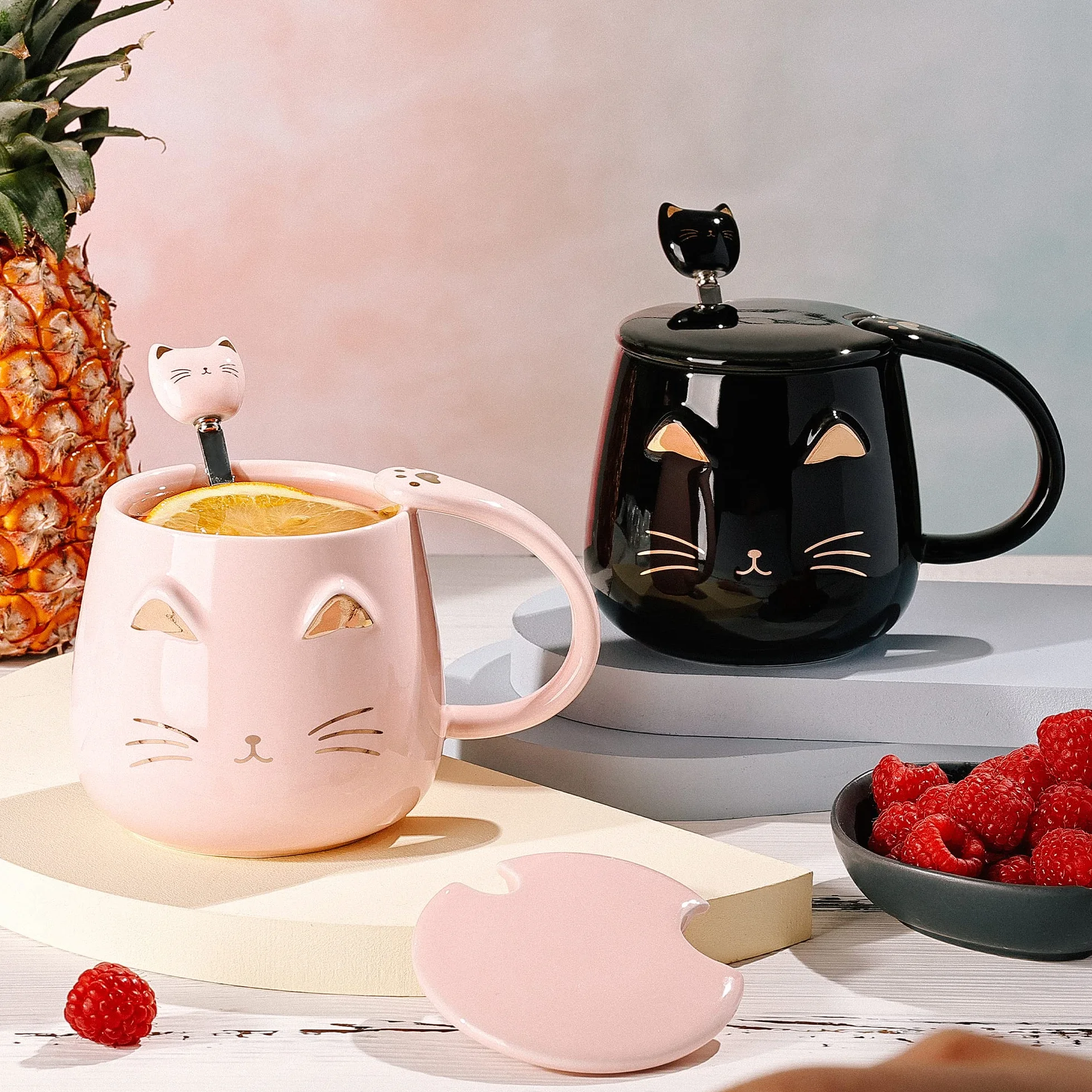 SHENDONG ceramiczny kubek z kotem Kawaii z pokrywką i łyżką ze stali nierdzewnej