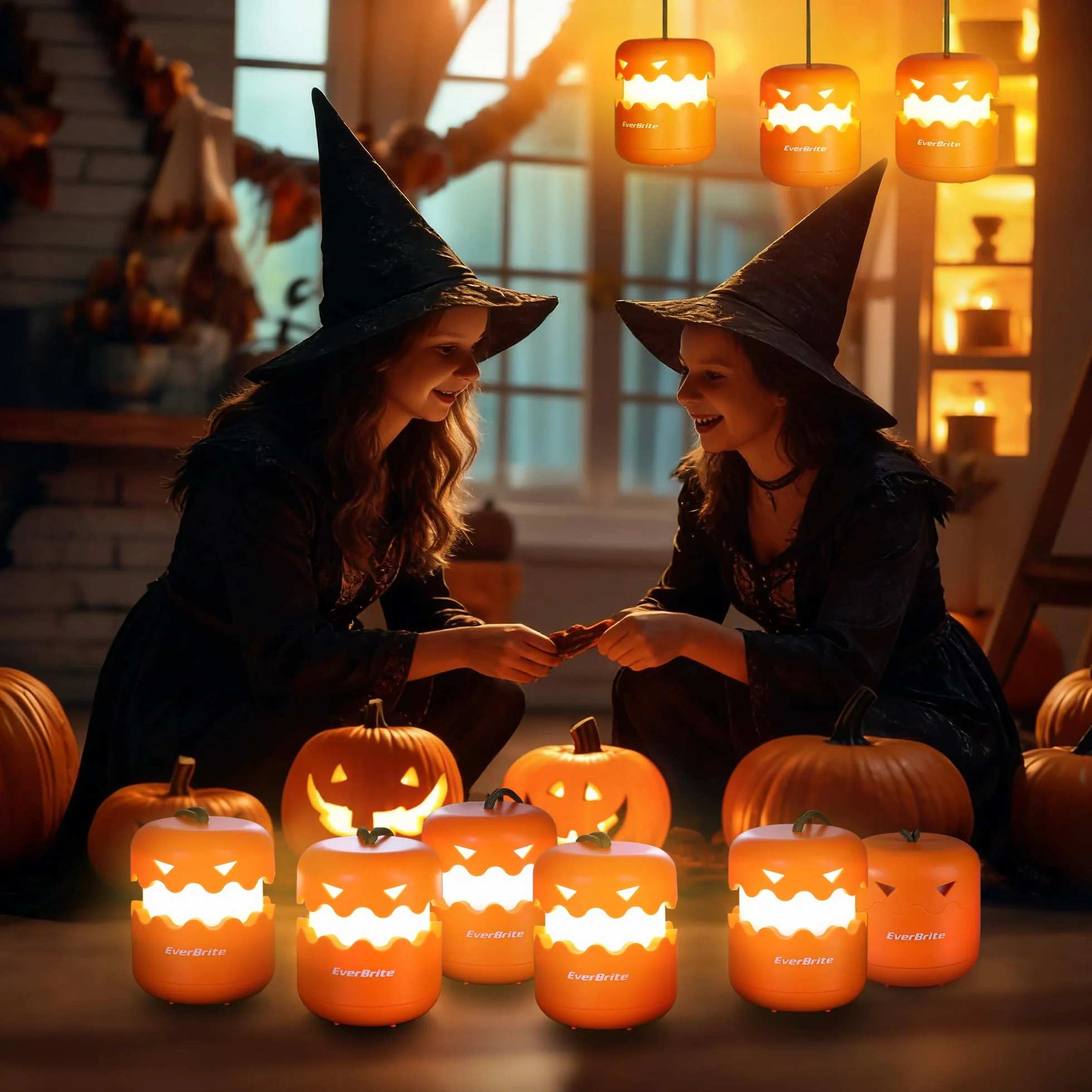EverBrite Halloween Pumpkin Lantern 3 Pack, Collapsible Jack O Lantern with Lanyard, Battery Included for Party Decoration
